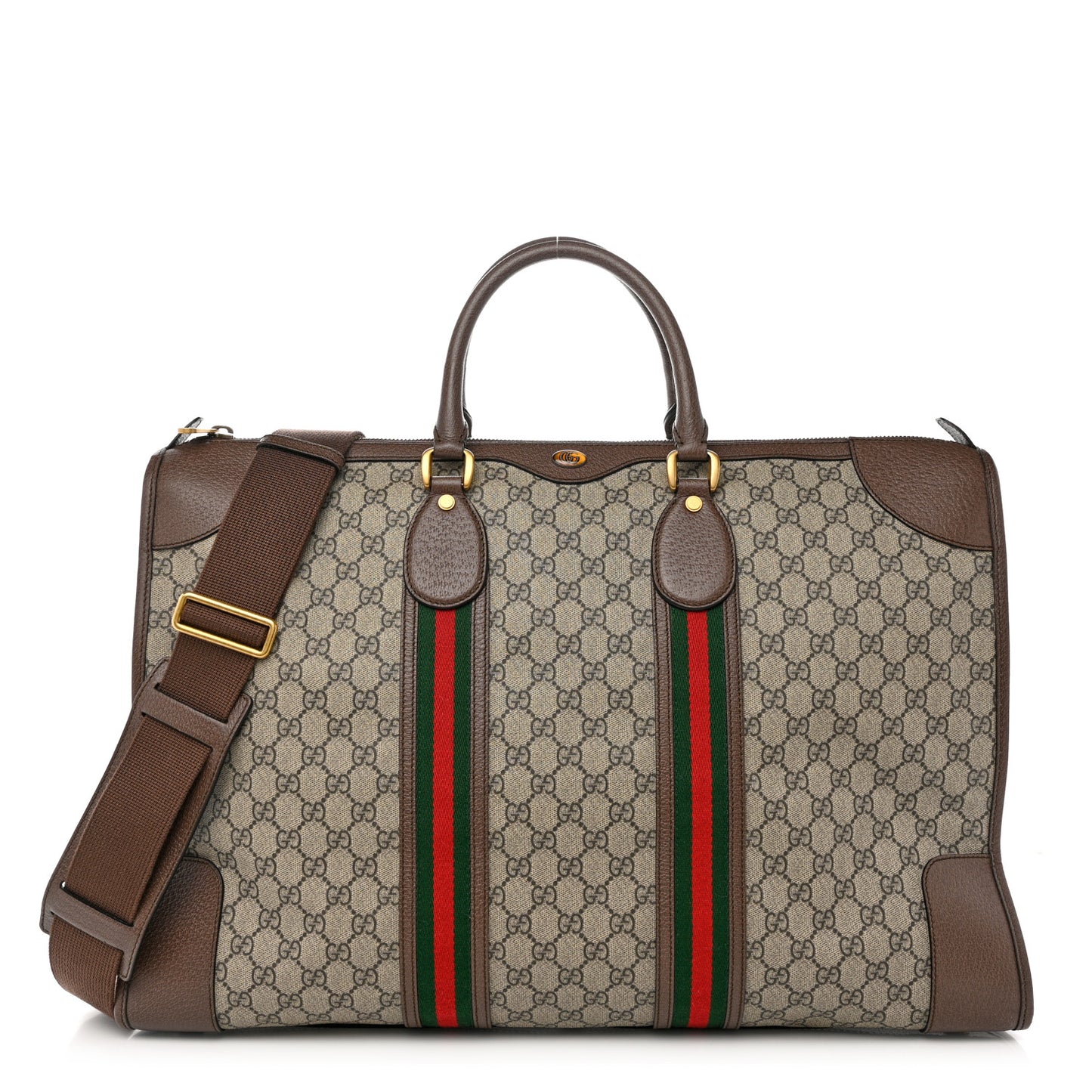 Soft GG Supreme Monogram Textured Dollar Calfskin Web Large Ophidia Carry-On Duffle Bag Beige Ebony New Acero
