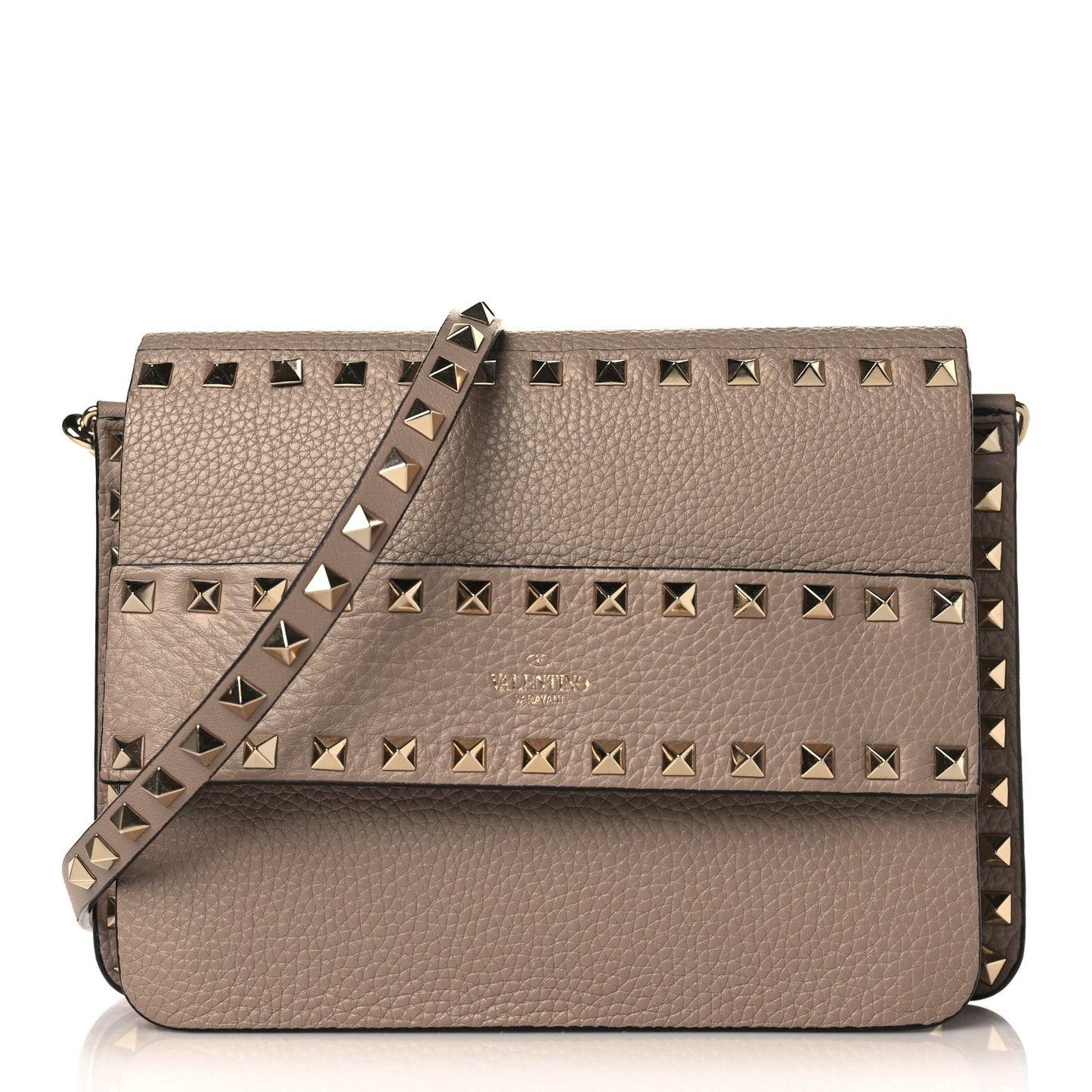 Grained Calfskin Small Rockstud Flap Crossbody Bag Poudre