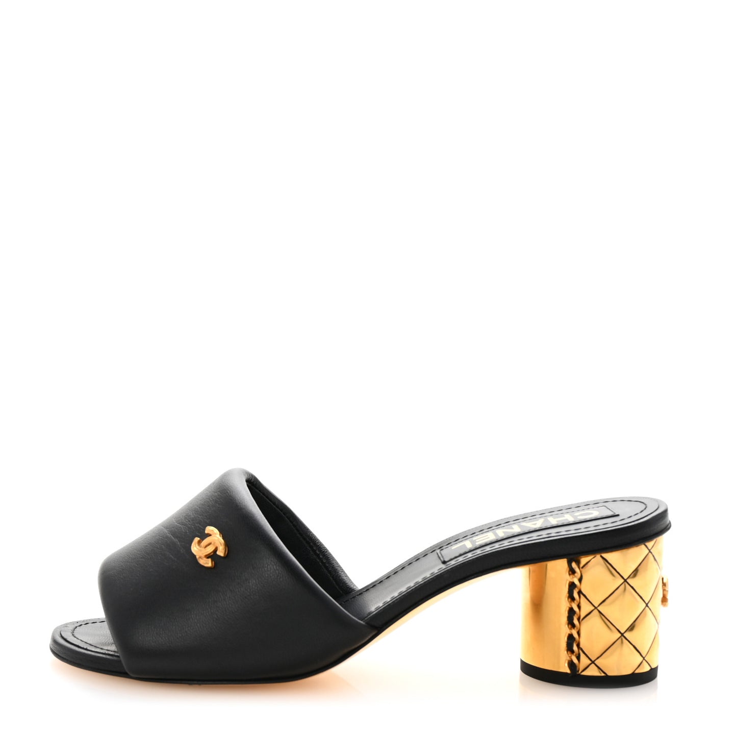 Lambskin Chain CC Mules 37.5 Black Gold