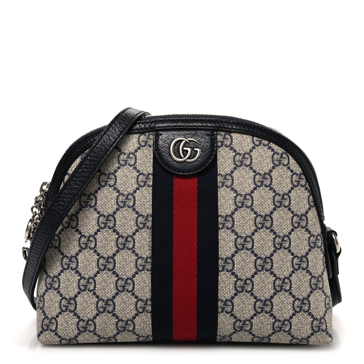 Gucci GG Supreme Monogram Textured Dollar Calfskin Web Small Ophidia Dome Shoulder Bag Beige Blue 1 of 10