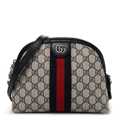 Gucci GG Supreme Monogram Textured Dollar Calfskin Web Small Ophidia Dome Shoulder Bag Beige Blue 1 of 10