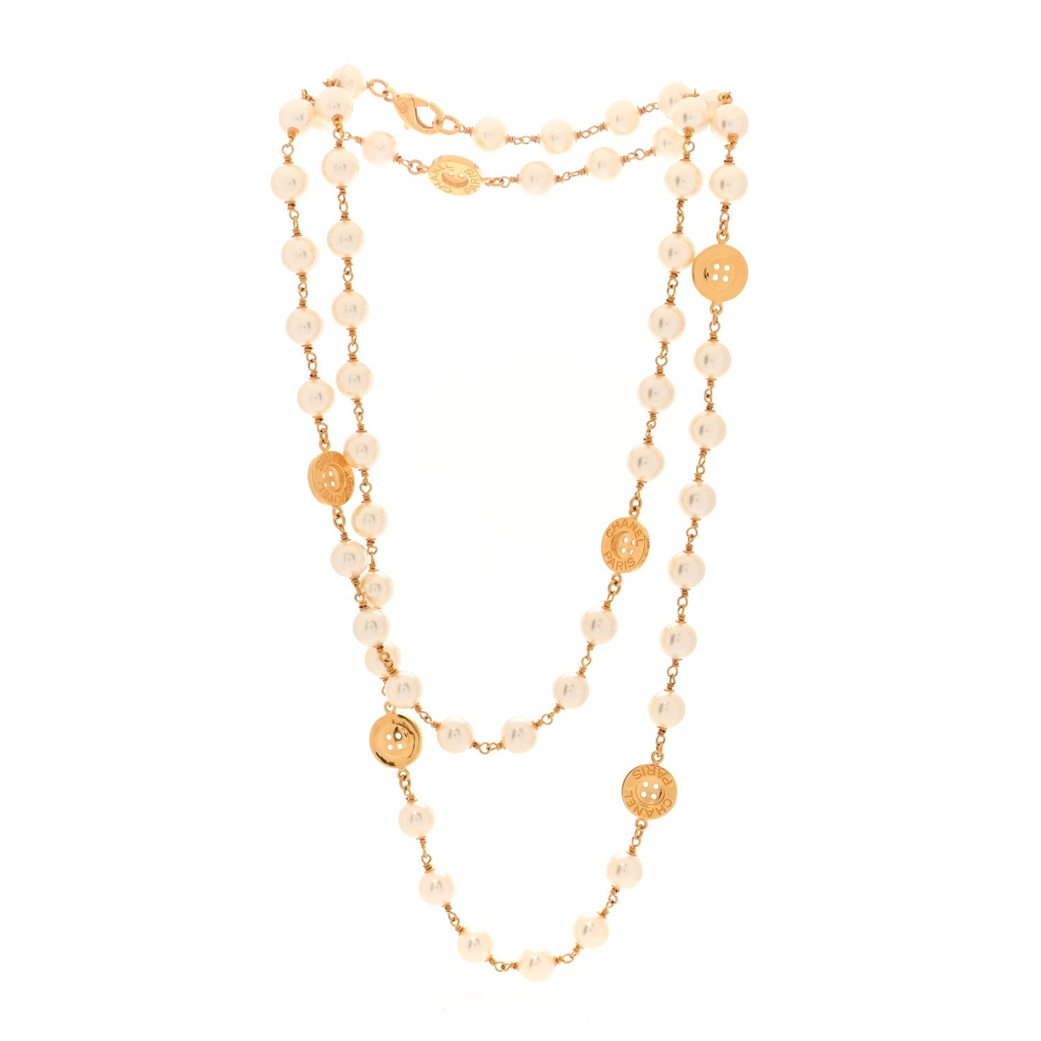 Chanel Metal Pearl Paris Button Necklace Gold 3 of 5