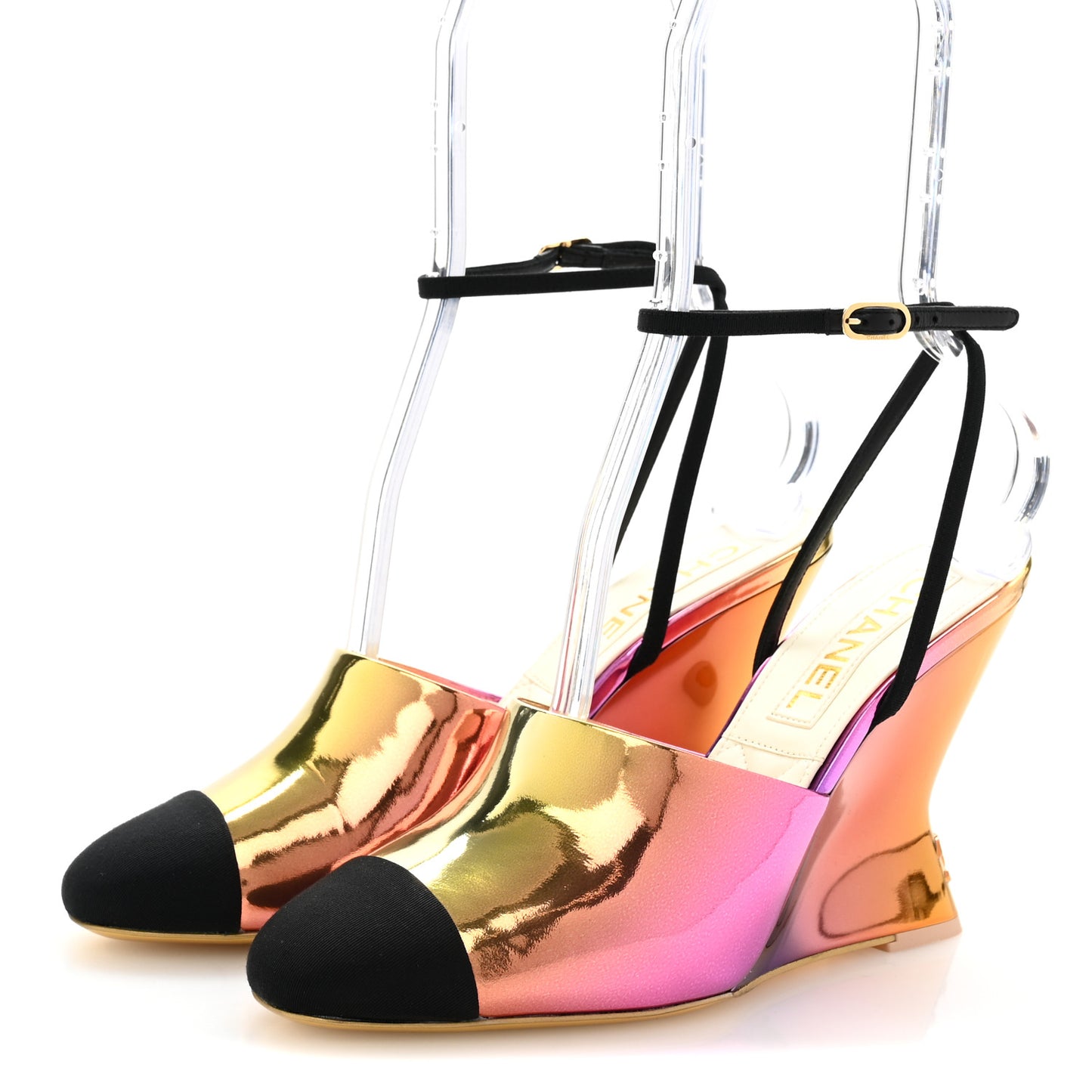 Laminated Calfskin Grosgrain Cap Toe CC Wedge Pumps 38 Pink Orange Yellow Black