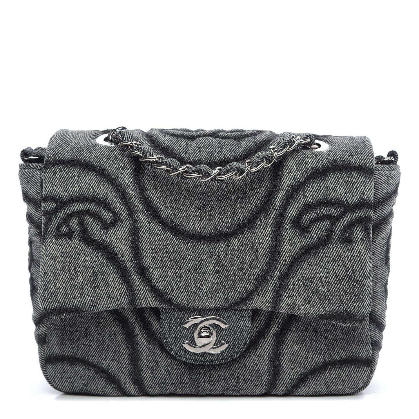Denim Embossed CC Logo Print Mini Single Flap Black