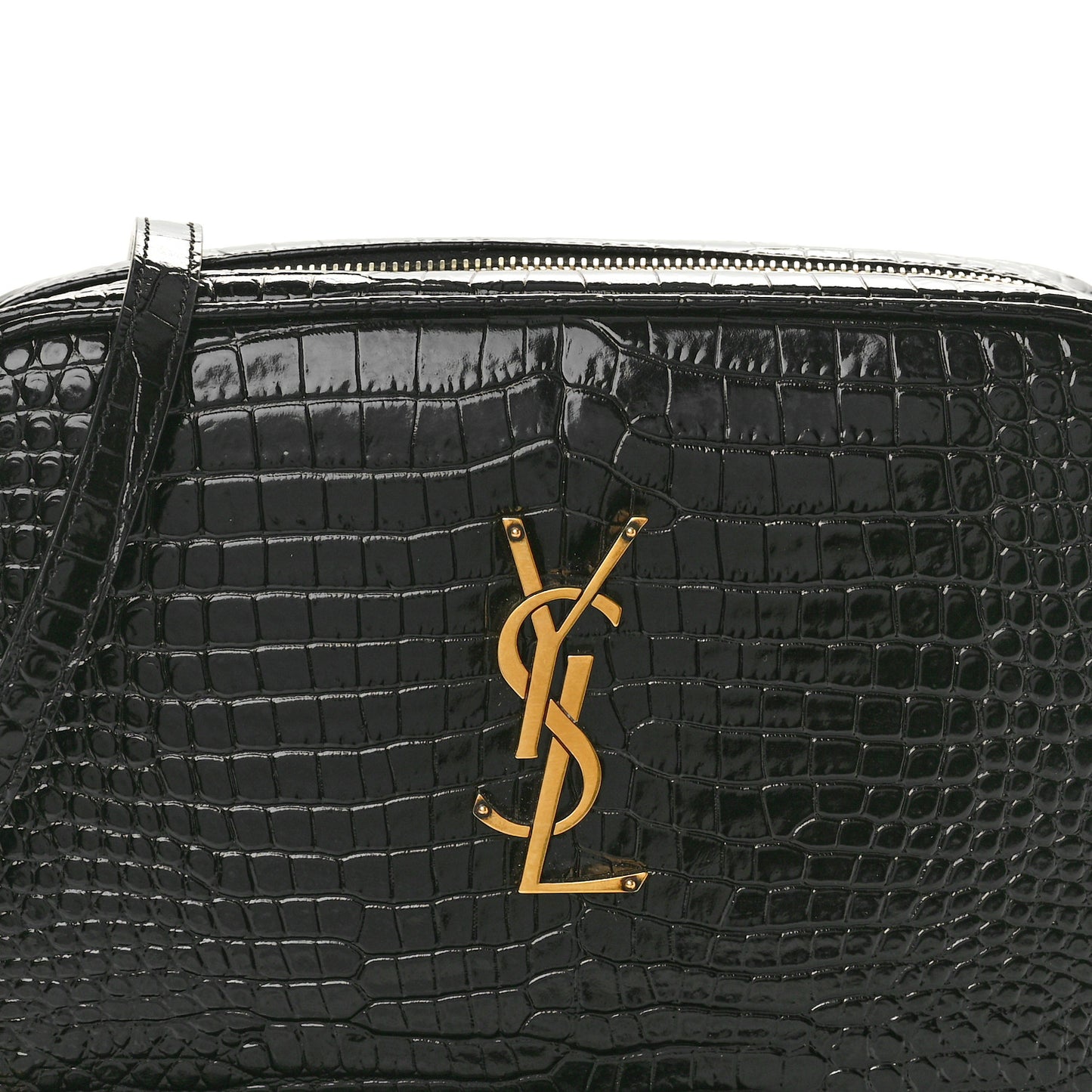 Patent Calfskin Crocodile Embossed Monogram Lou Camera Bag Black