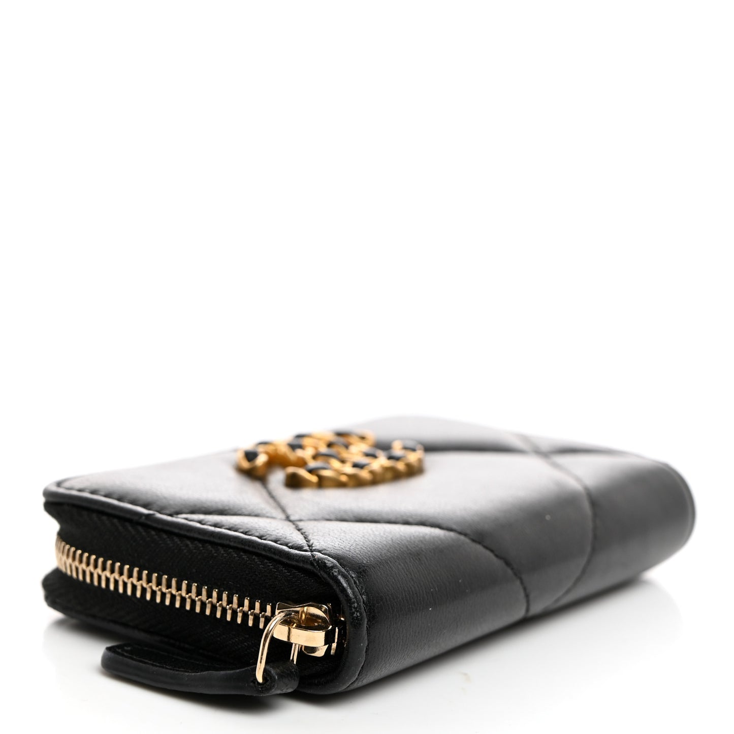 Lambskin Quilted Chanel 19 Zip Around Coin Purse Wallet Black