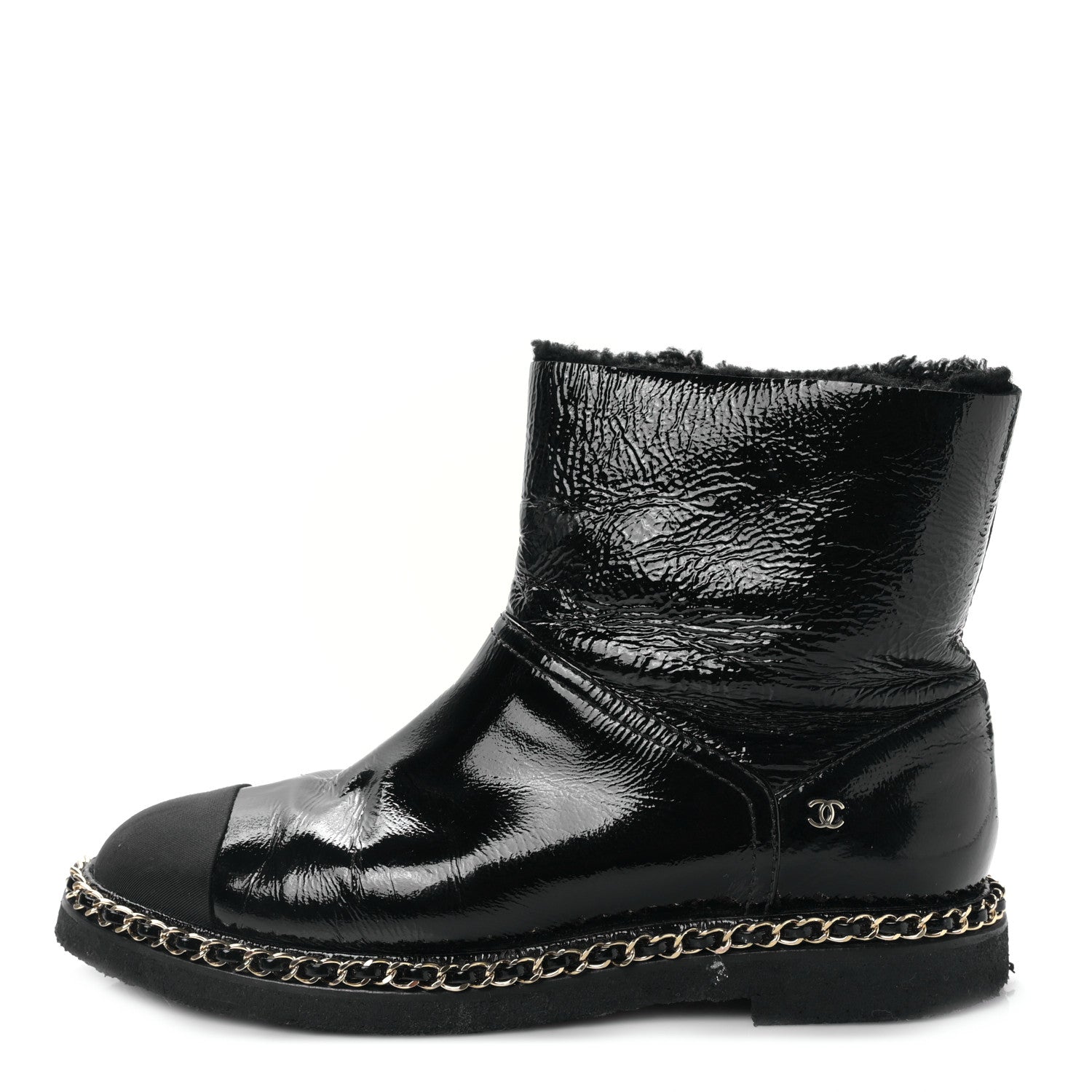 Chanel Crumpled Calfskin Shearling Womens Cap Toe Chain Short Boots 40 Black 1 of 8