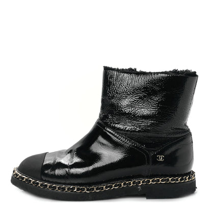 Chanel Crumpled Calfskin Shearling Womens Cap Toe Chain Short Boots 40 Black 1 of 8