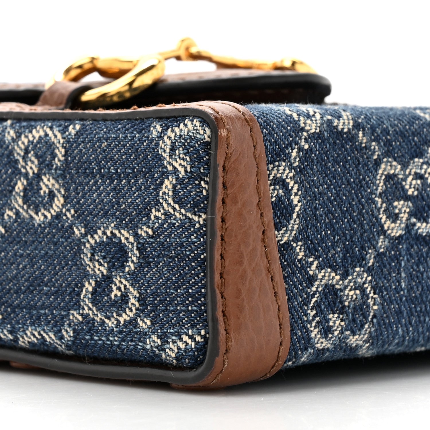 Gucci New Denim GG Monogram Dollar Calfskin Mini Horsebit 1955 Crossbody Bag Blue Tea Cuir Epilog 10 of 14