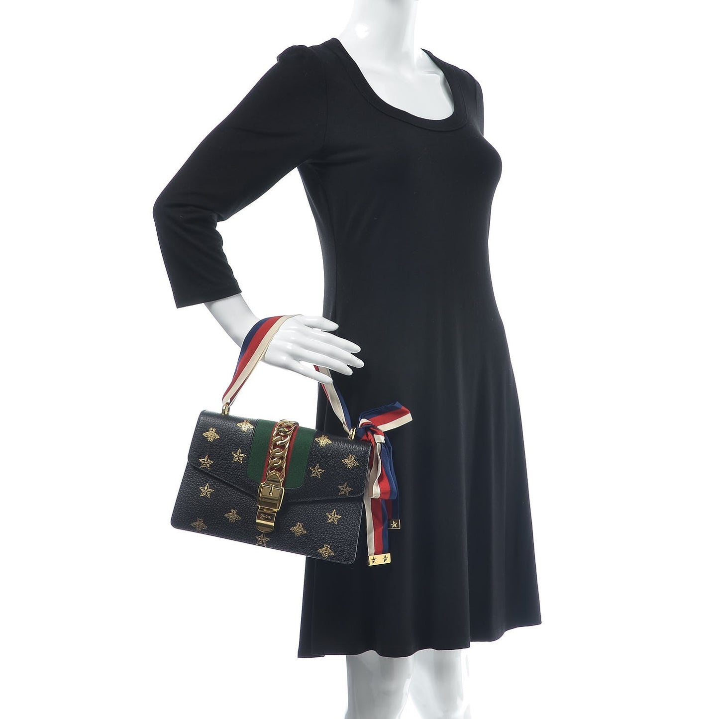 Textured Calfskin Bee Star Print Small Sylvie Shoulder Bag Black
