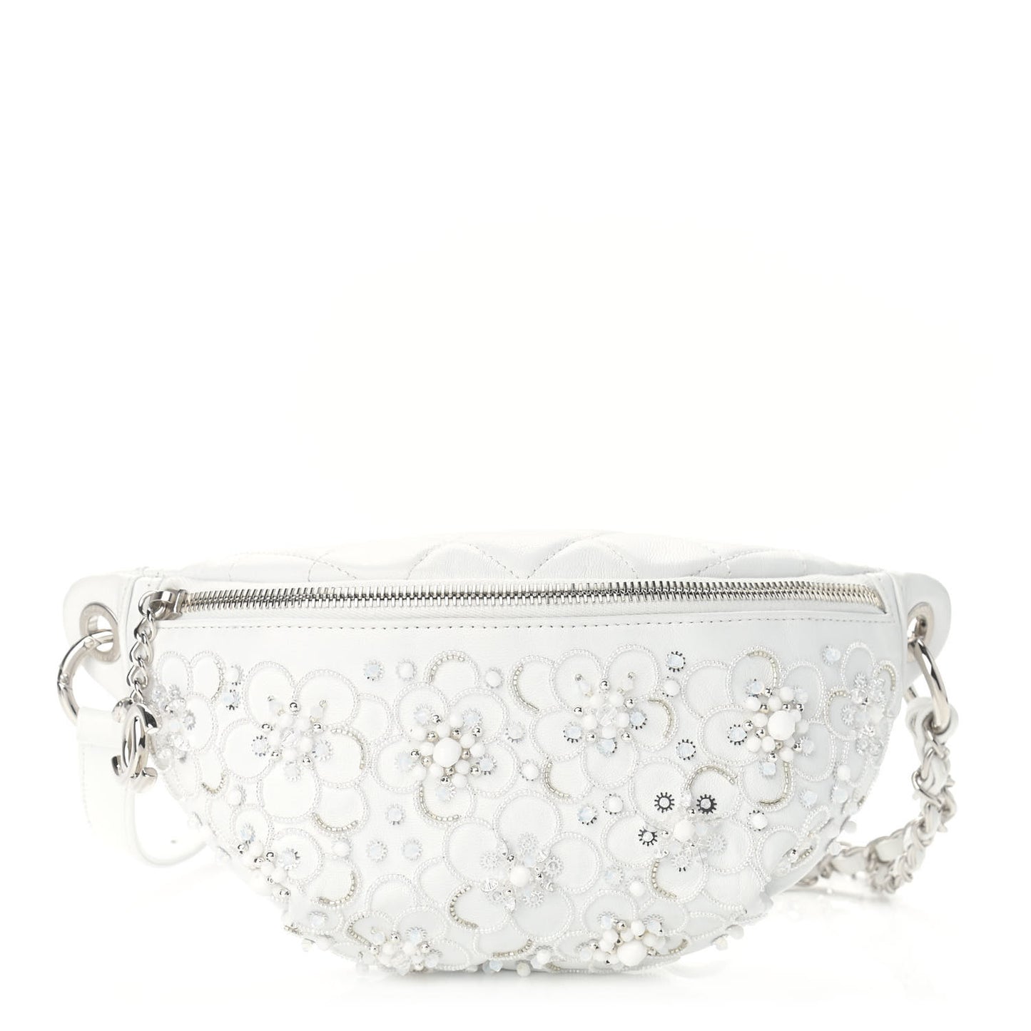 Calfskin Crystal Beads Embellished Belt Bag White