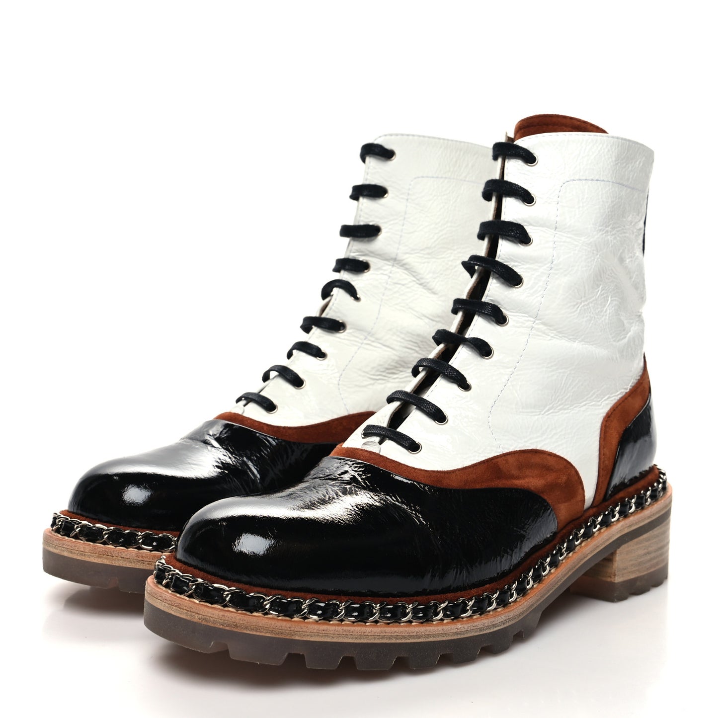Patent Suede Lace Up Chain Boots 39 White Black
