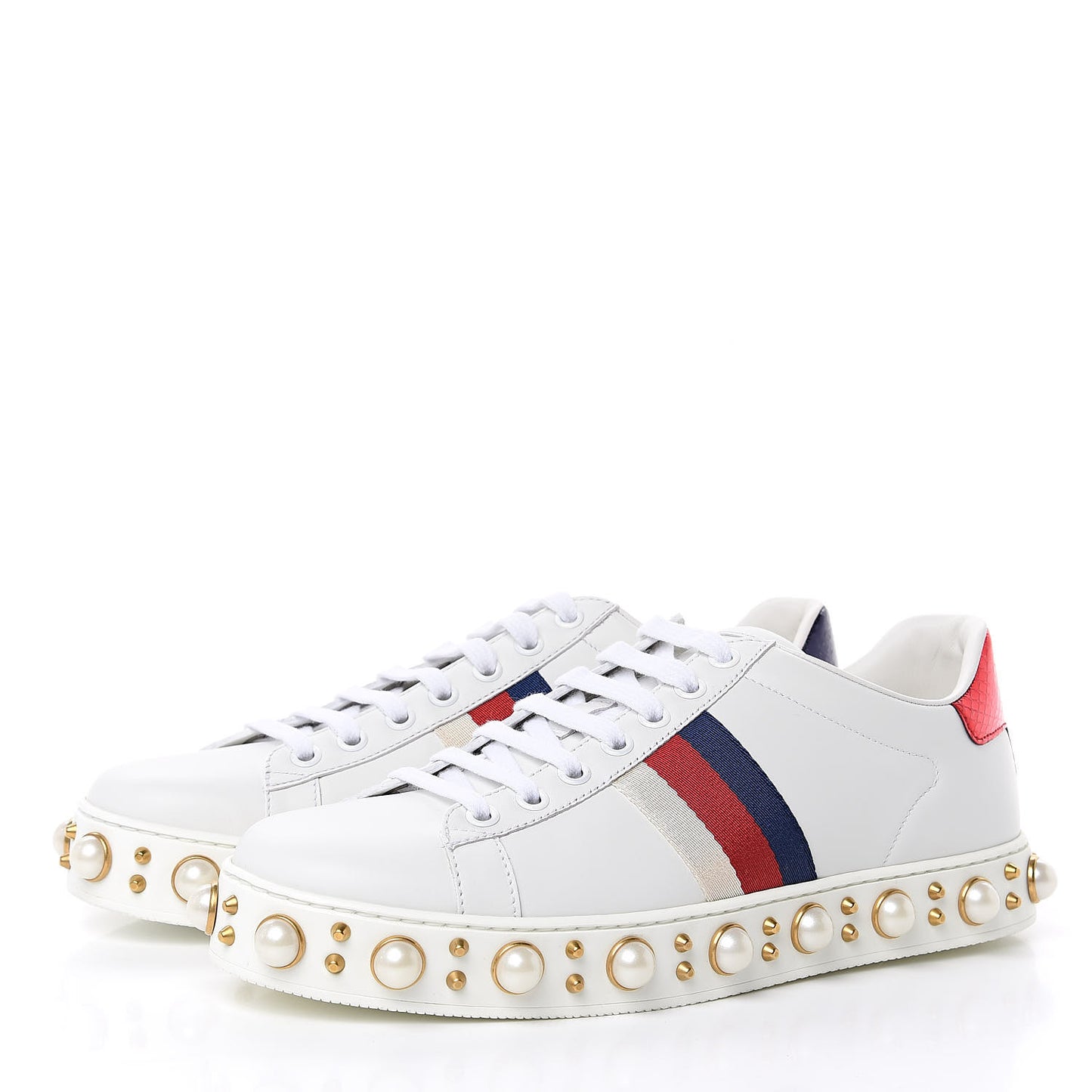Calfskin Ayers Web Pearl Studded Womens Ace Sneakers 38 White