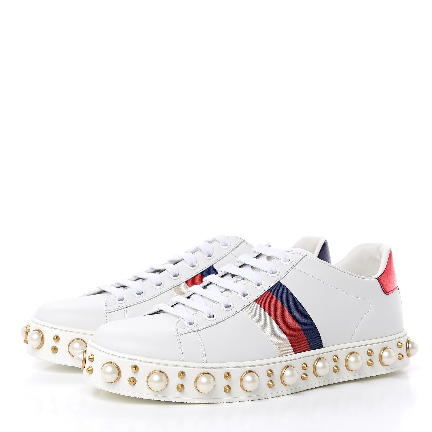 Gucci Calfskin Ayers Web Pearl Studded Womens Ace Sneakers 38 White 3 of 10