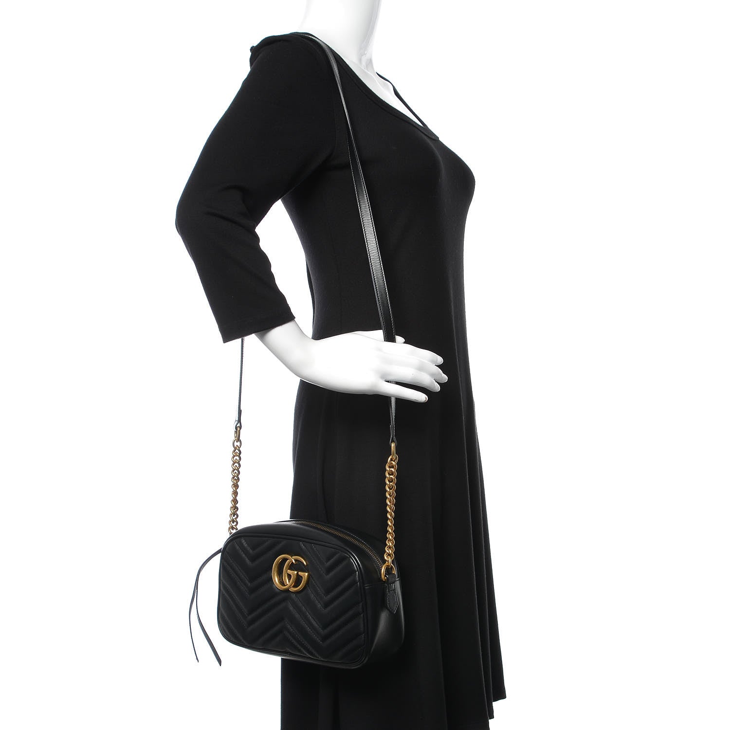 Gucci Calfskin Matelasse Small GG Marmont Chain Shoulder Bag Black 2 of 9