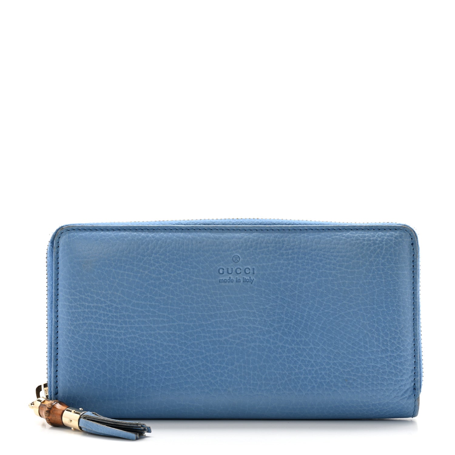 Gucci Pebbled Calfskin Bamboo Tassel Zip Around Wallet Blue 1 of 12