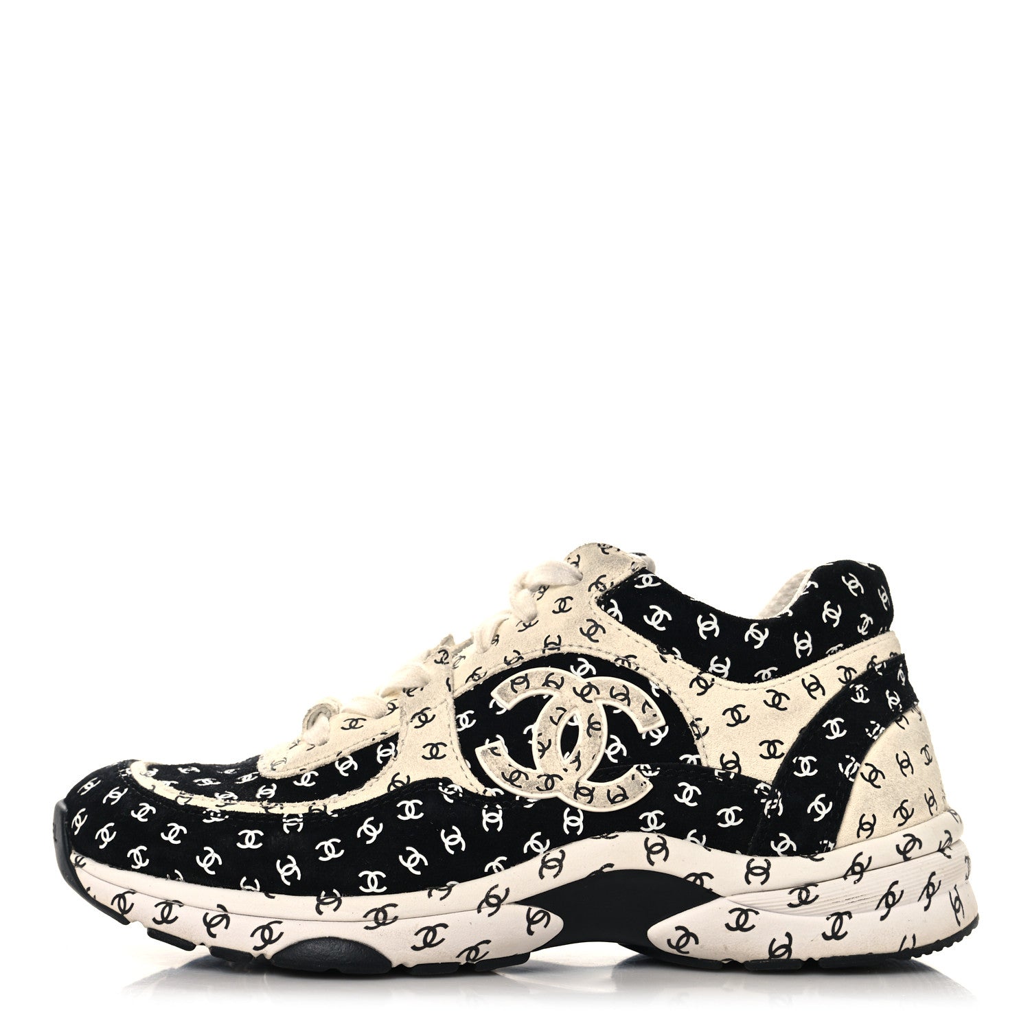 Chanel Nylon Suede Calfskin Printed CC Sneakers 37.5 White Black 1 of 10