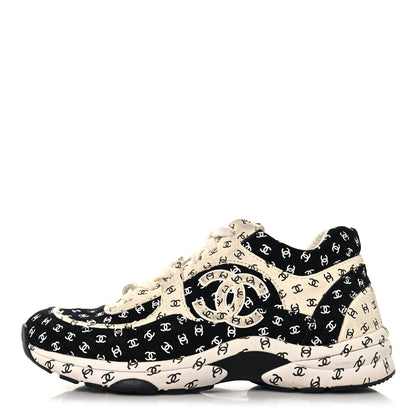 Chanel Nylon Suede Calfskin Printed CC Sneakers 37.5 White Black 1 of 10