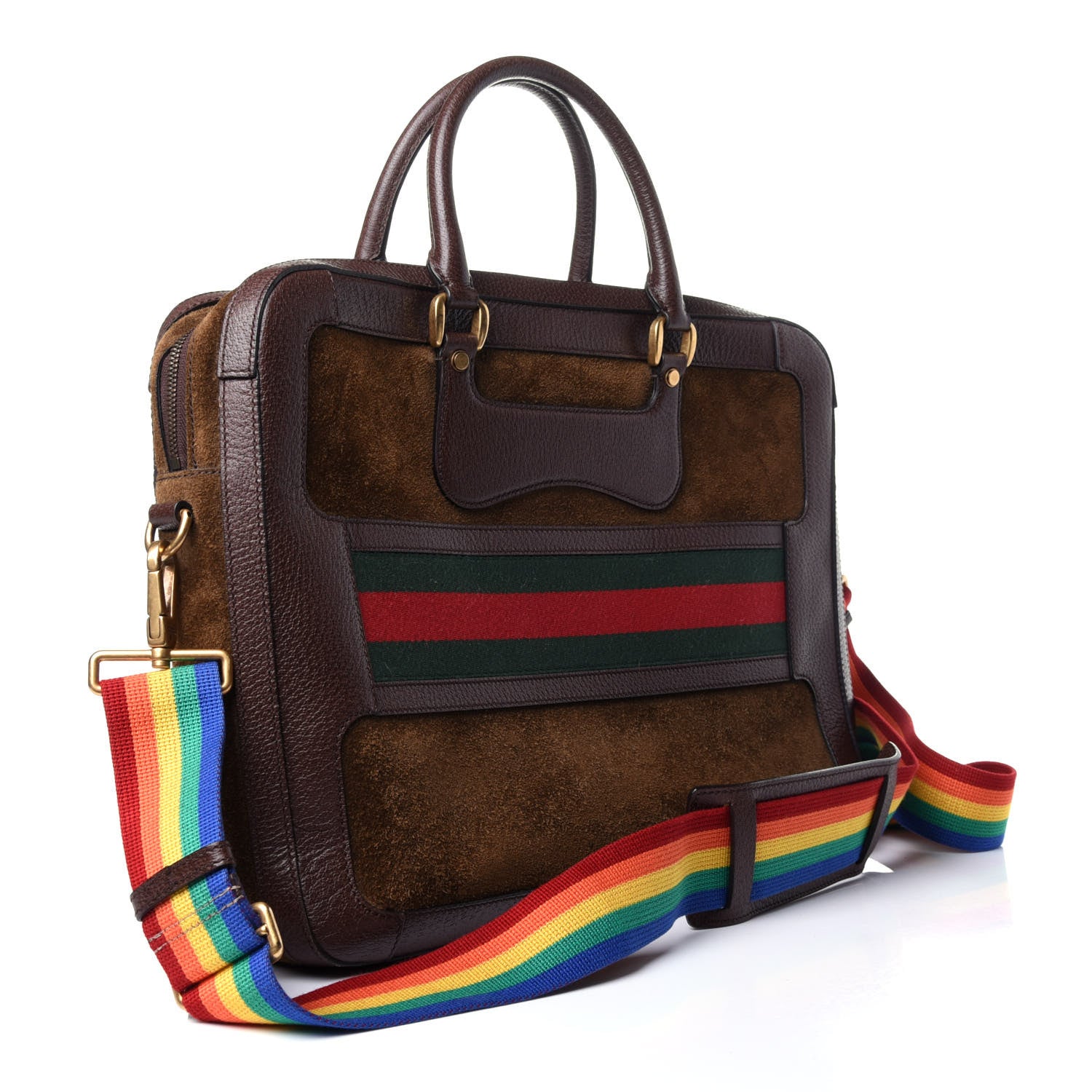 Gucci Suede Rainbow Strap Briefcase Brown 3 of 11