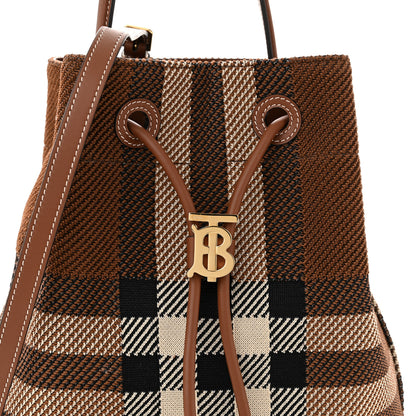 Burberry Knitted Check Calfskin TB Small Drawstring Bucket Bag Dark Birch Brown 6 of 8