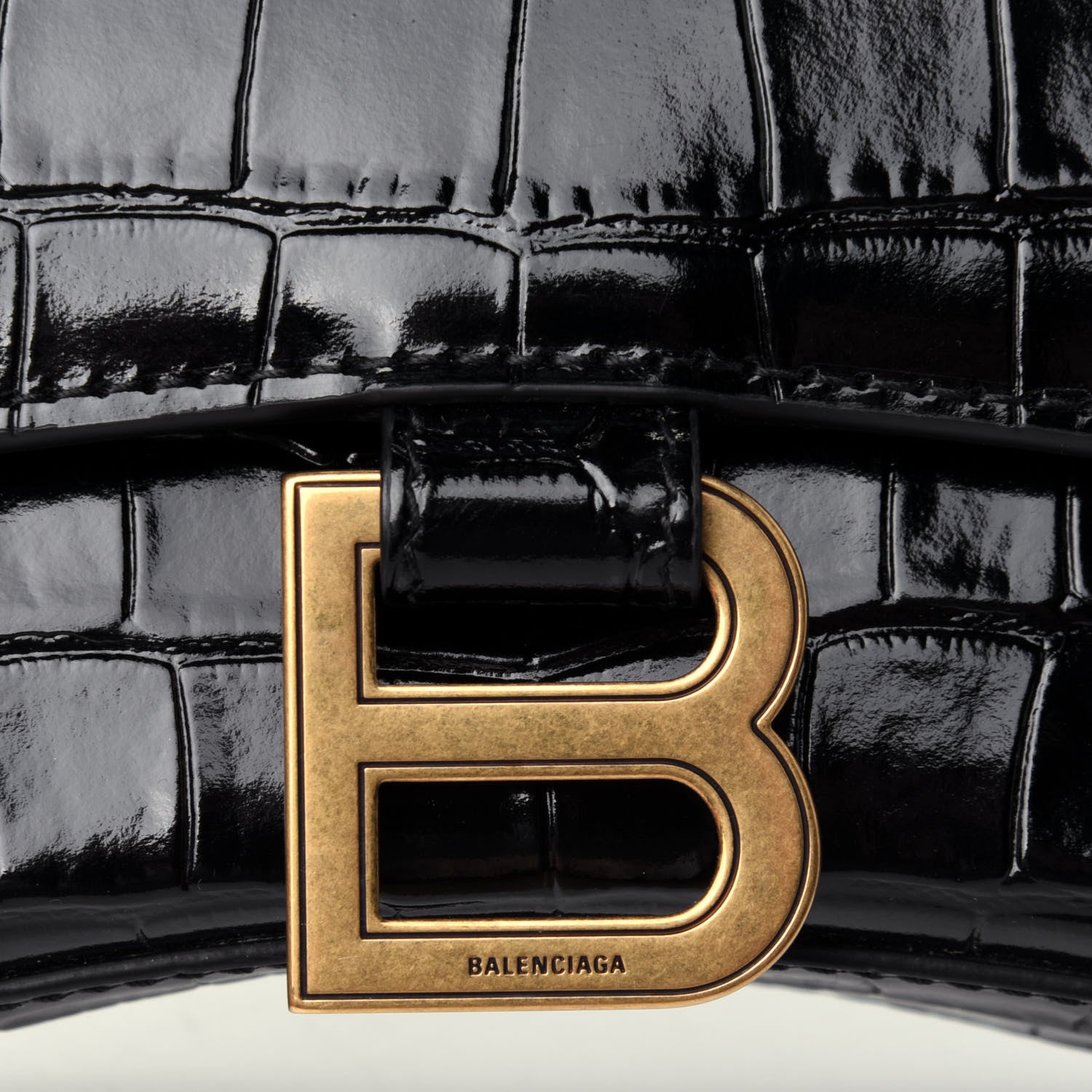 Balenciaga Shiny Calfskin Crocodile Embossed Hourglass Top Handle Bag XS Black 4 of 4