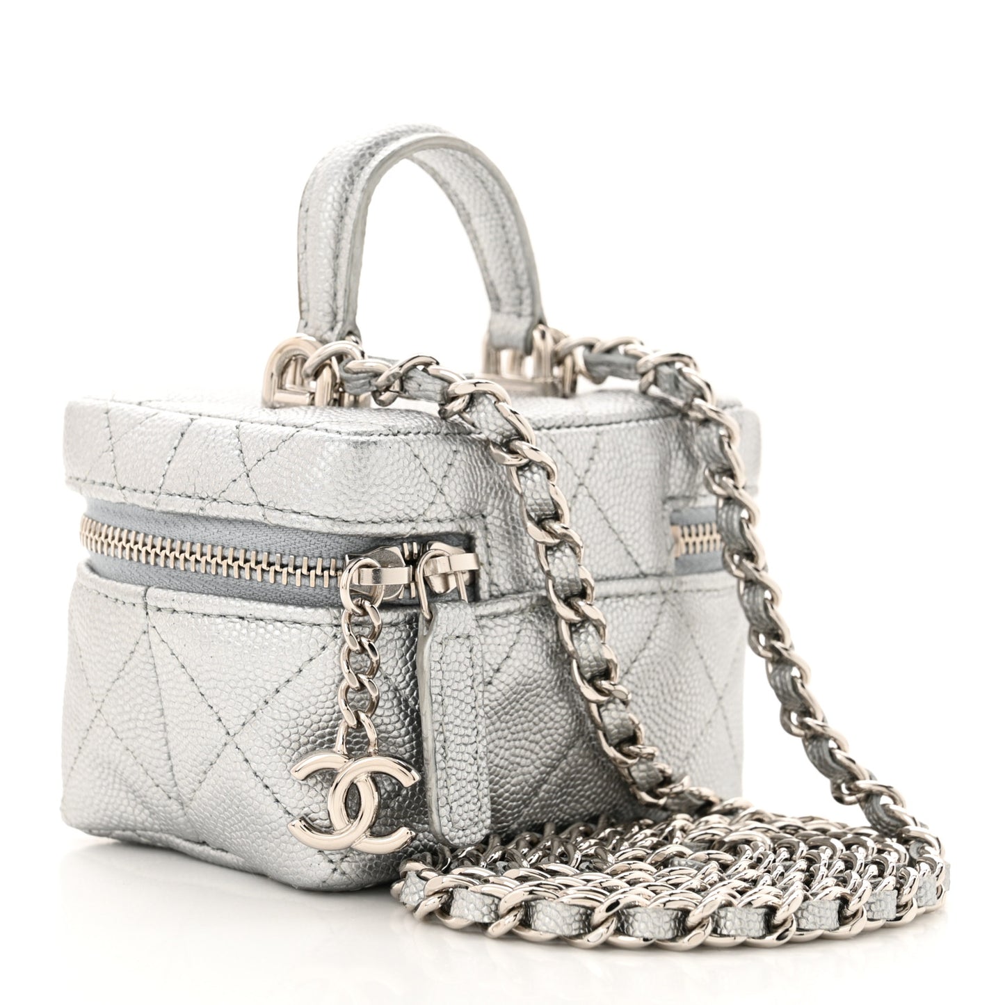 Metallic Caviar Quilted Mini Top Handle Vanity With Chain Silver