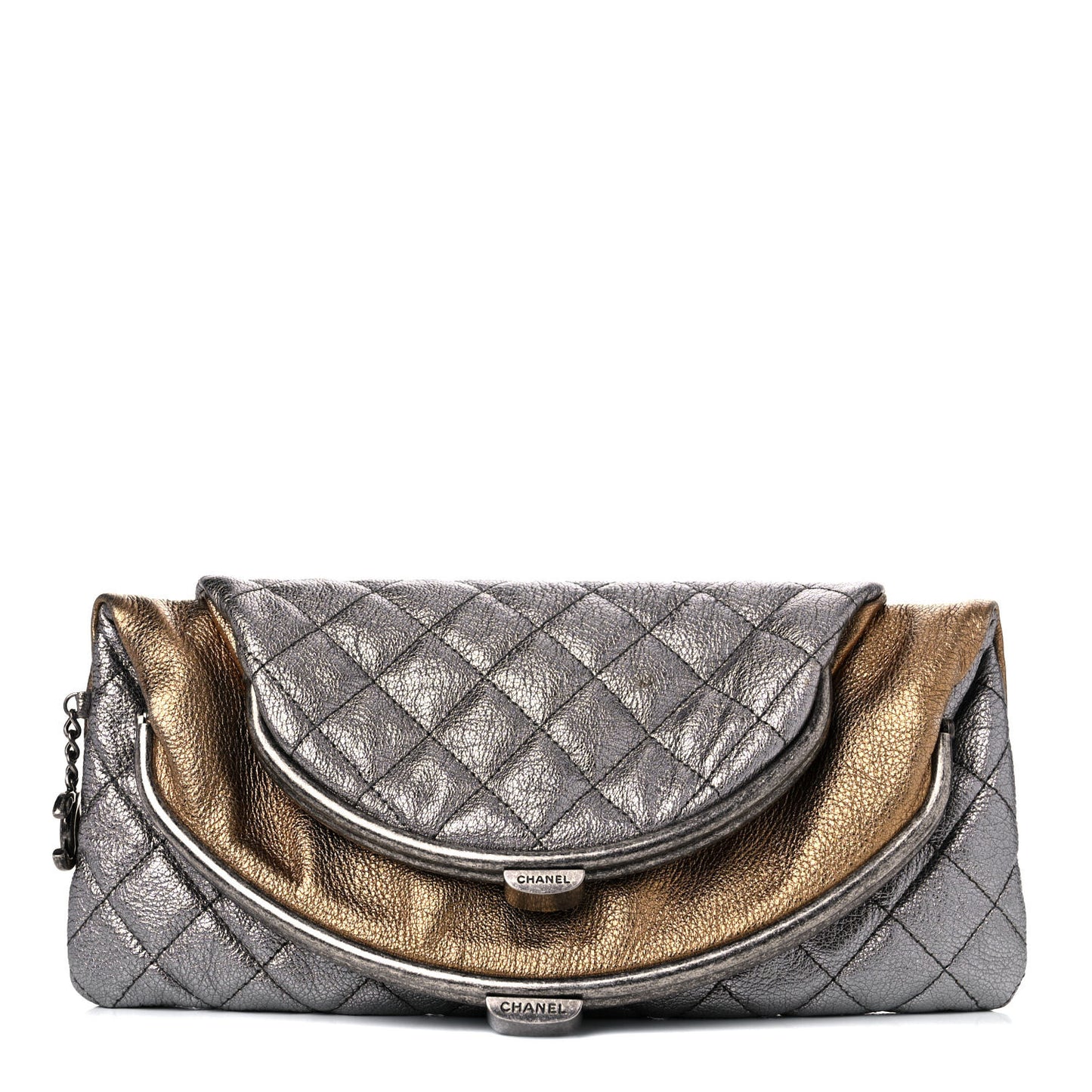 Metallic Goatskin Quilted Frame Clasp Flap Clutch Silver Gold