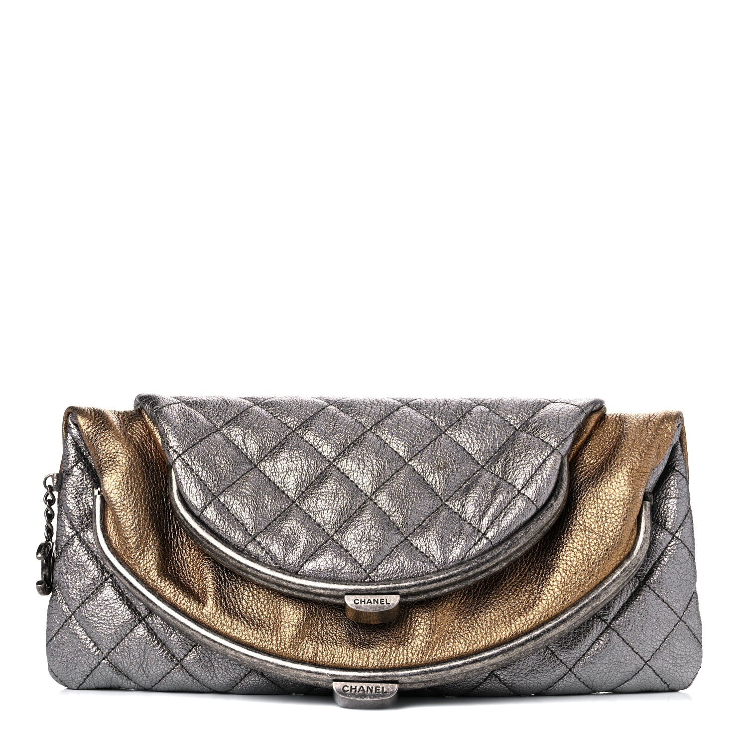 Chanel Metallic Goatskin Quilted Frame Clasp Flap Clutch Silver Gold 1 of 11