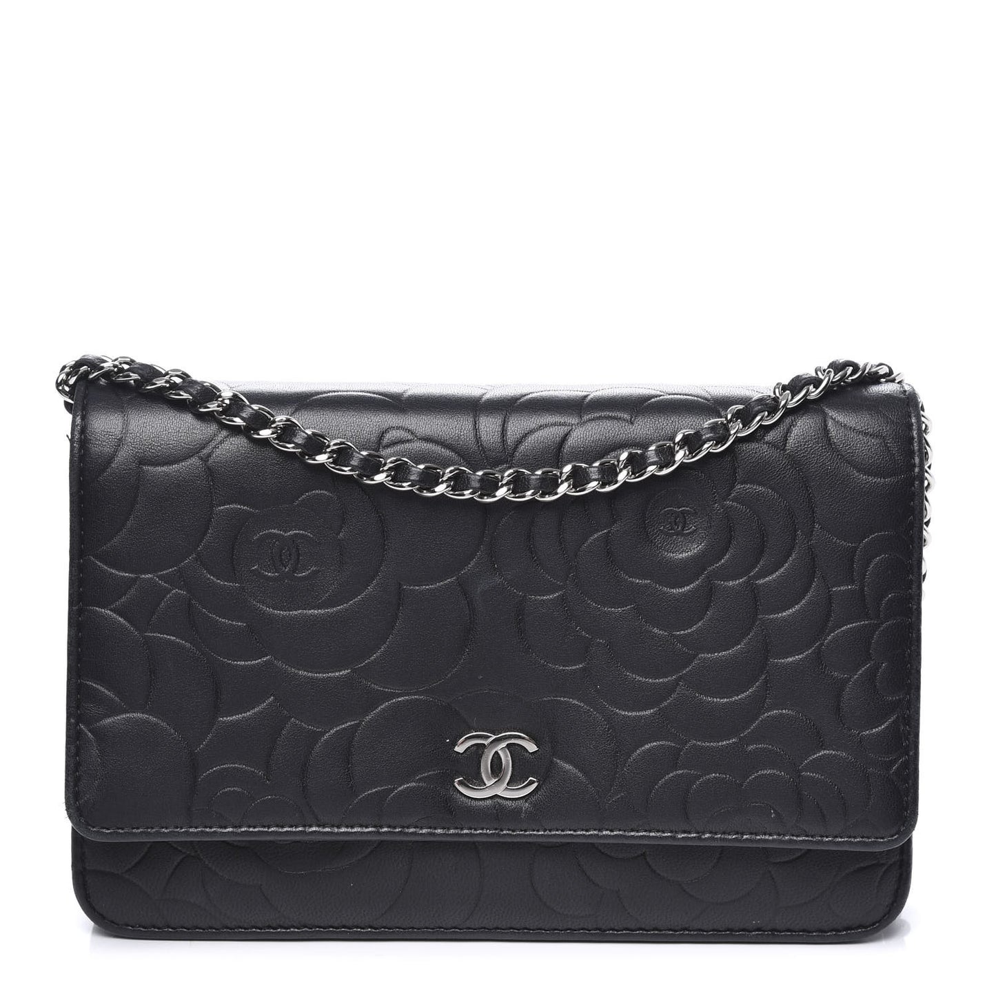 Lambskin Camellia Embossed Wallet on Chain WOC Black