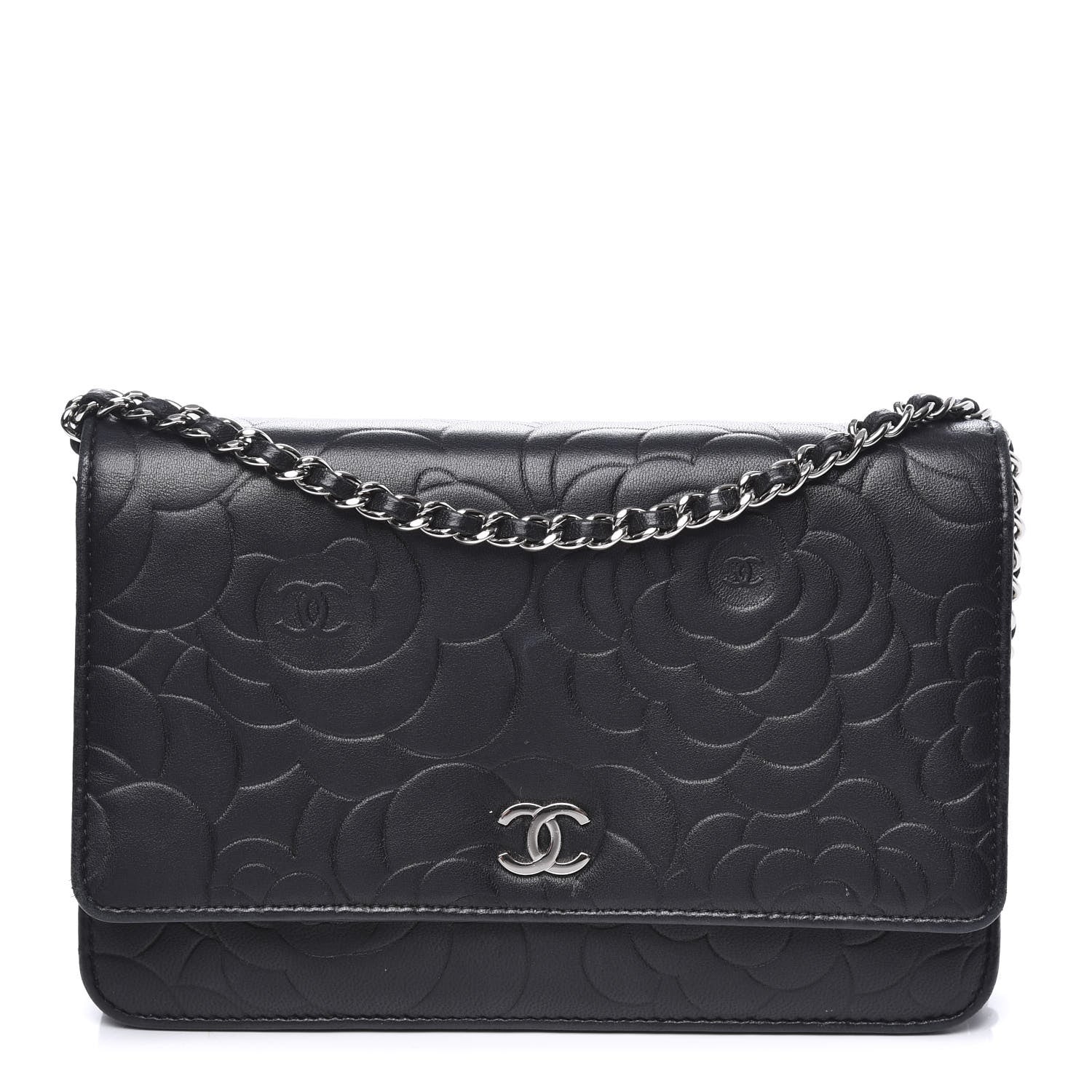 Chanel Lambskin Camellia Embossed Wallet on Chain WOC Black 1 of 13