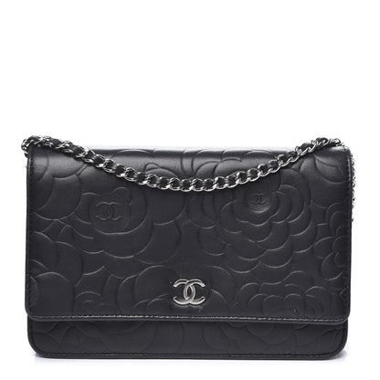 Chanel Lambskin Camellia Embossed Wallet on Chain WOC Black 1 of 13