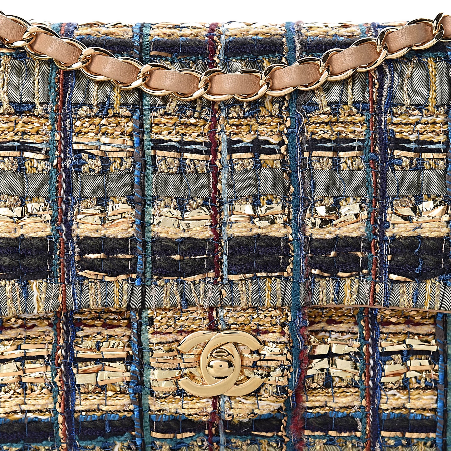 Tweed Quilted Medium Double Flap Gold Blue Light Green Black