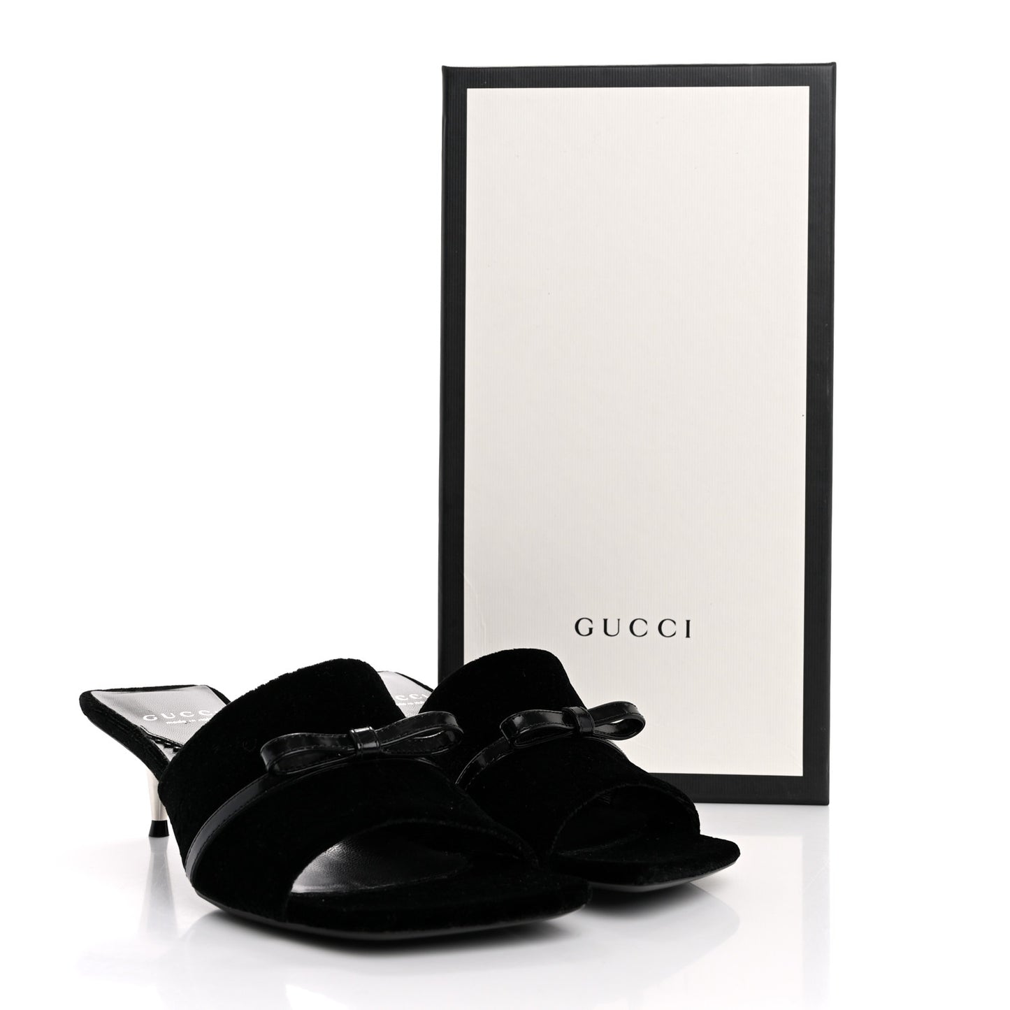New Velvet Ashmir Regent Calfskin GG Monogram Square Toe Bow 45mm Slide Sandals 35.5 Black