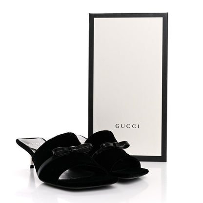 Gucci New Velvet Ashmir Regent Calfskin GG Monogram Square Toe Bow 45mm Slide Sandals 35.5 Black 10 of 10