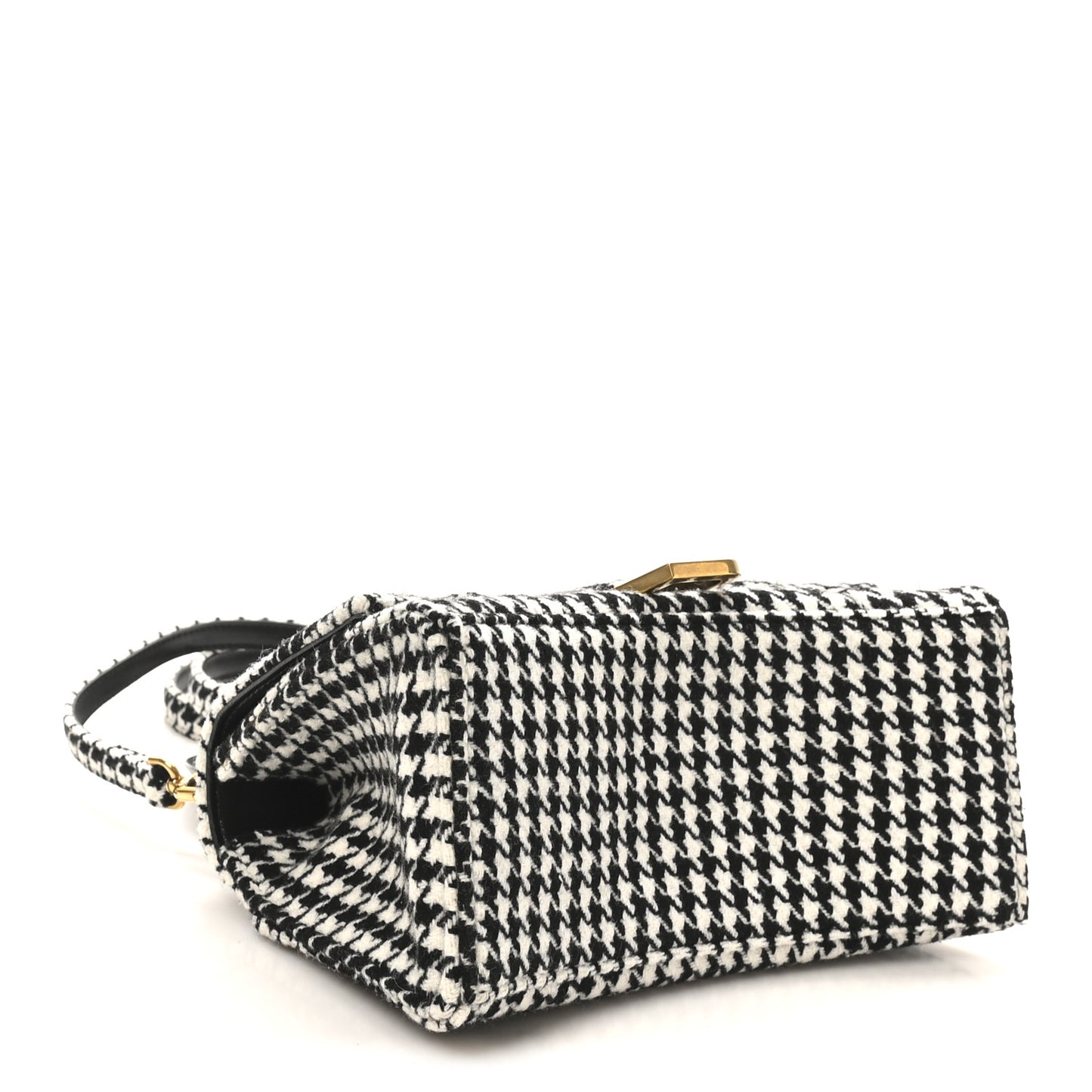 Wool Houndstooth Small Hourglass Top Handle Bag Black White