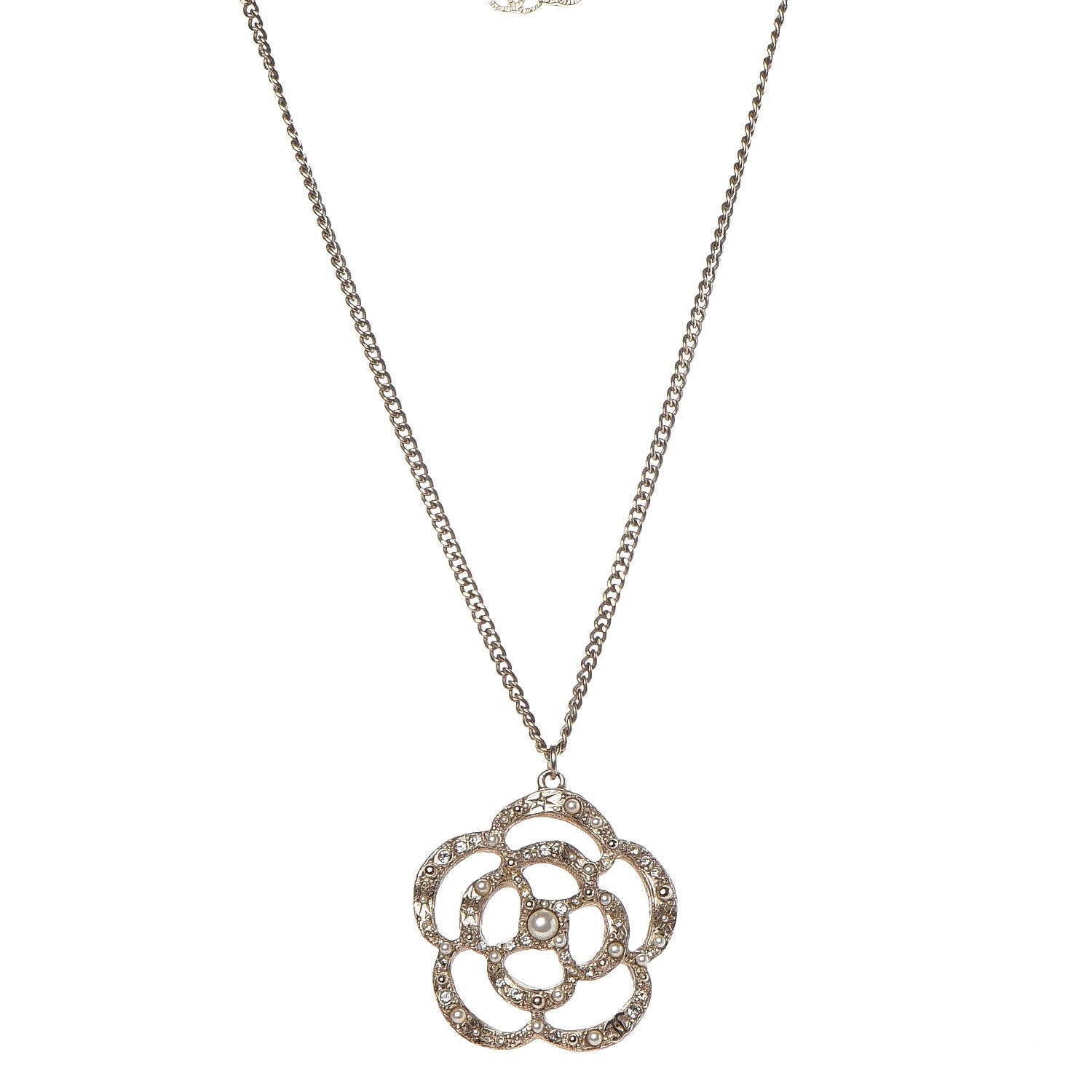 Chanel Crystal Pearl Camellia Necklace Gold 1 of 6