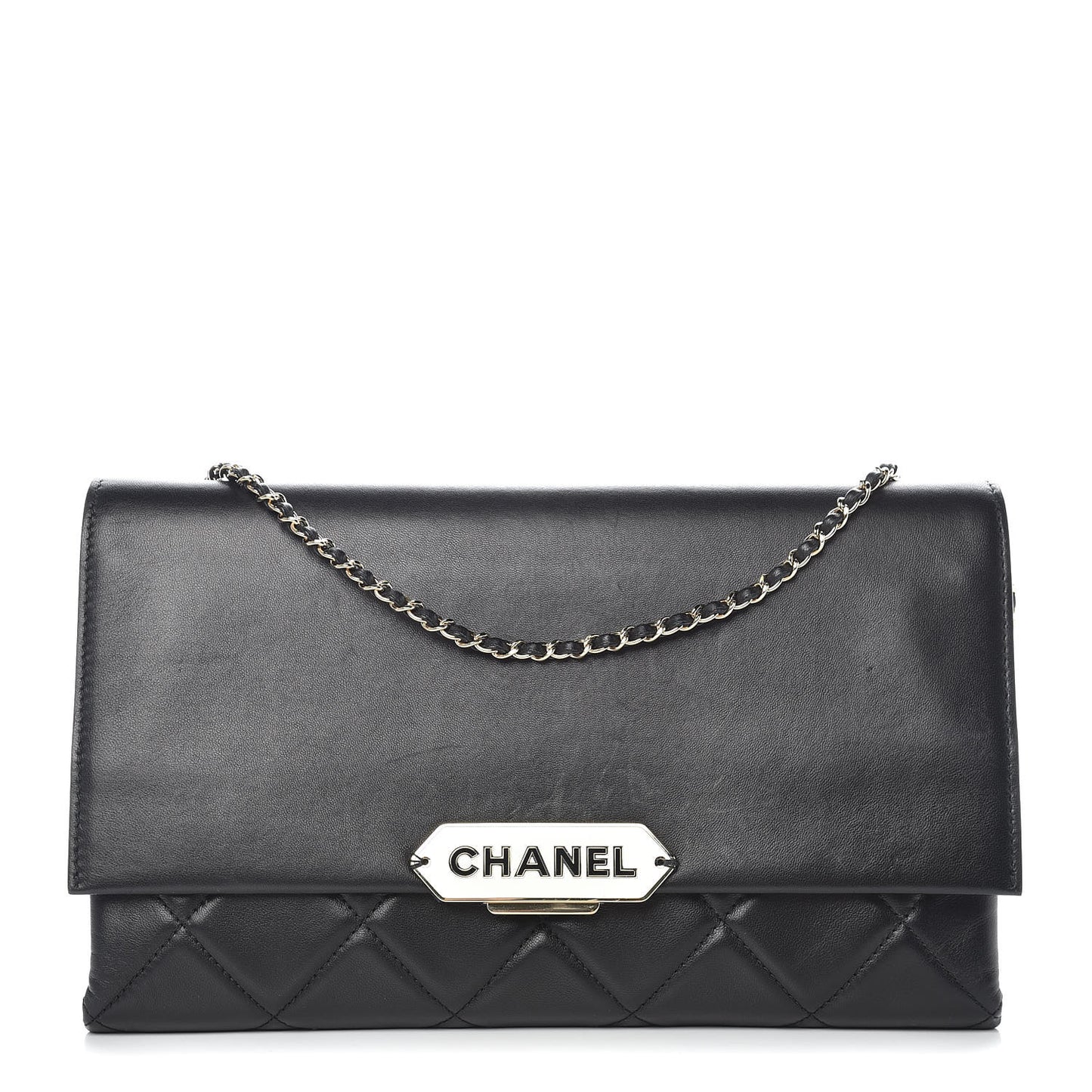 Lambskin Quilted Retro Label Clutch Black