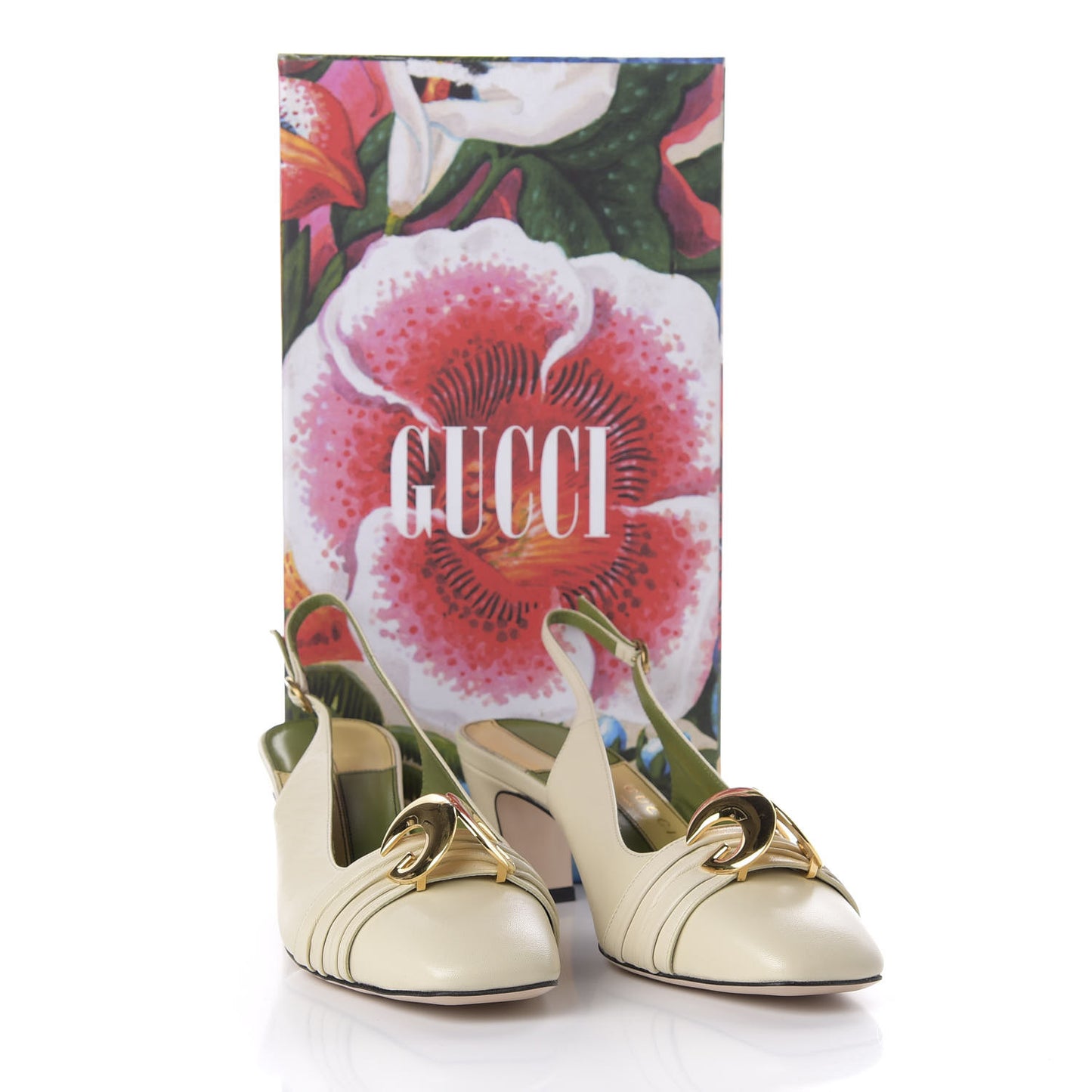 Malaga Kid Half Moon GG Square Toe Slingback Pumps 37 Vintage White