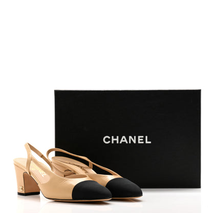 Chanel Goatskin Grosgrain Cap Toe CC Slingback Pumps 38 Beige Black 12 of 12