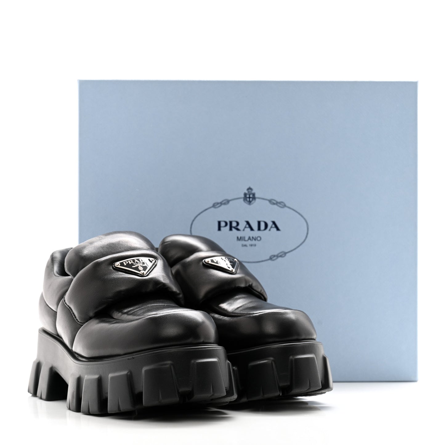 Nappa Soft Metal Triangle Logo Loafers 38.5 Black