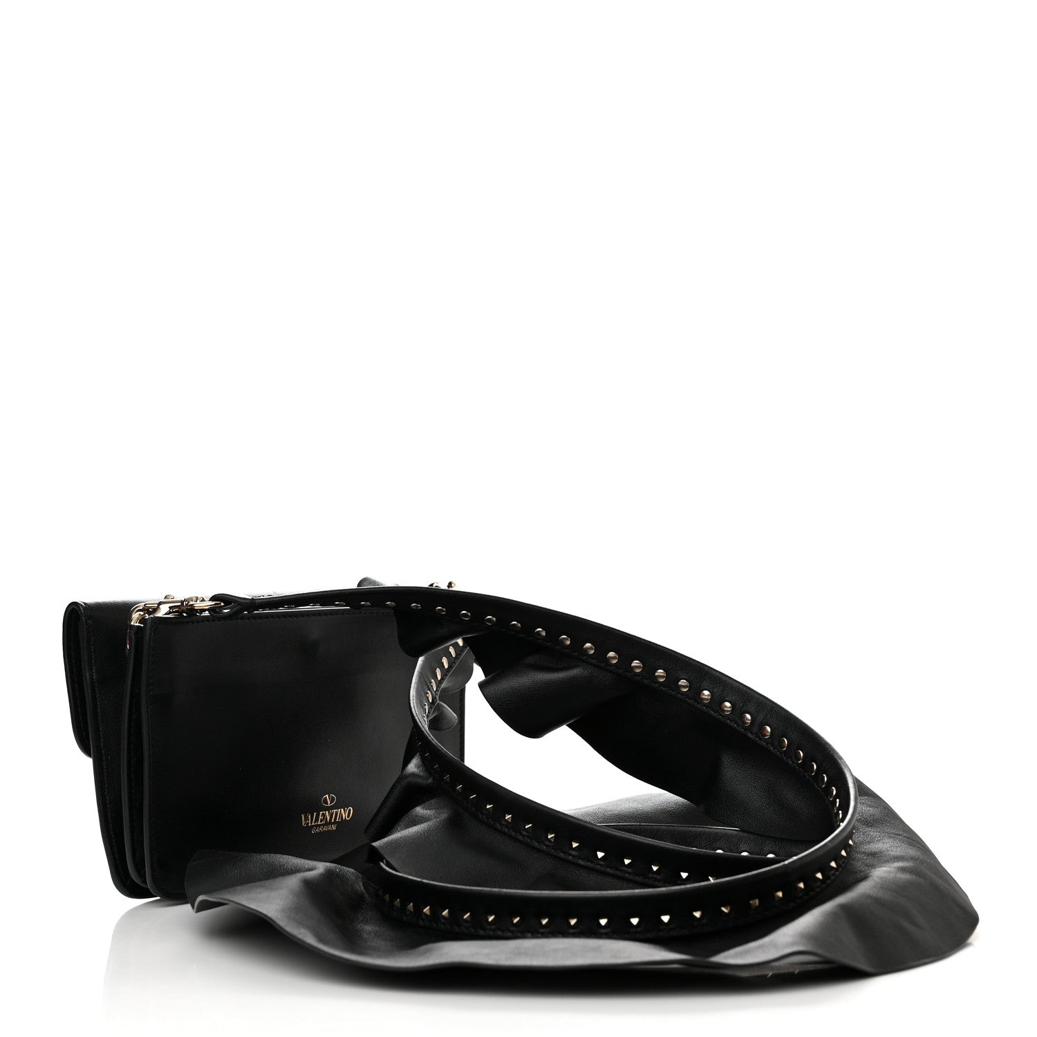 Valentino Garavani Calfskin Crystal Bead Embellished Mini Rockstud Love Story Ruffle Strap Bag Black 3 of 21