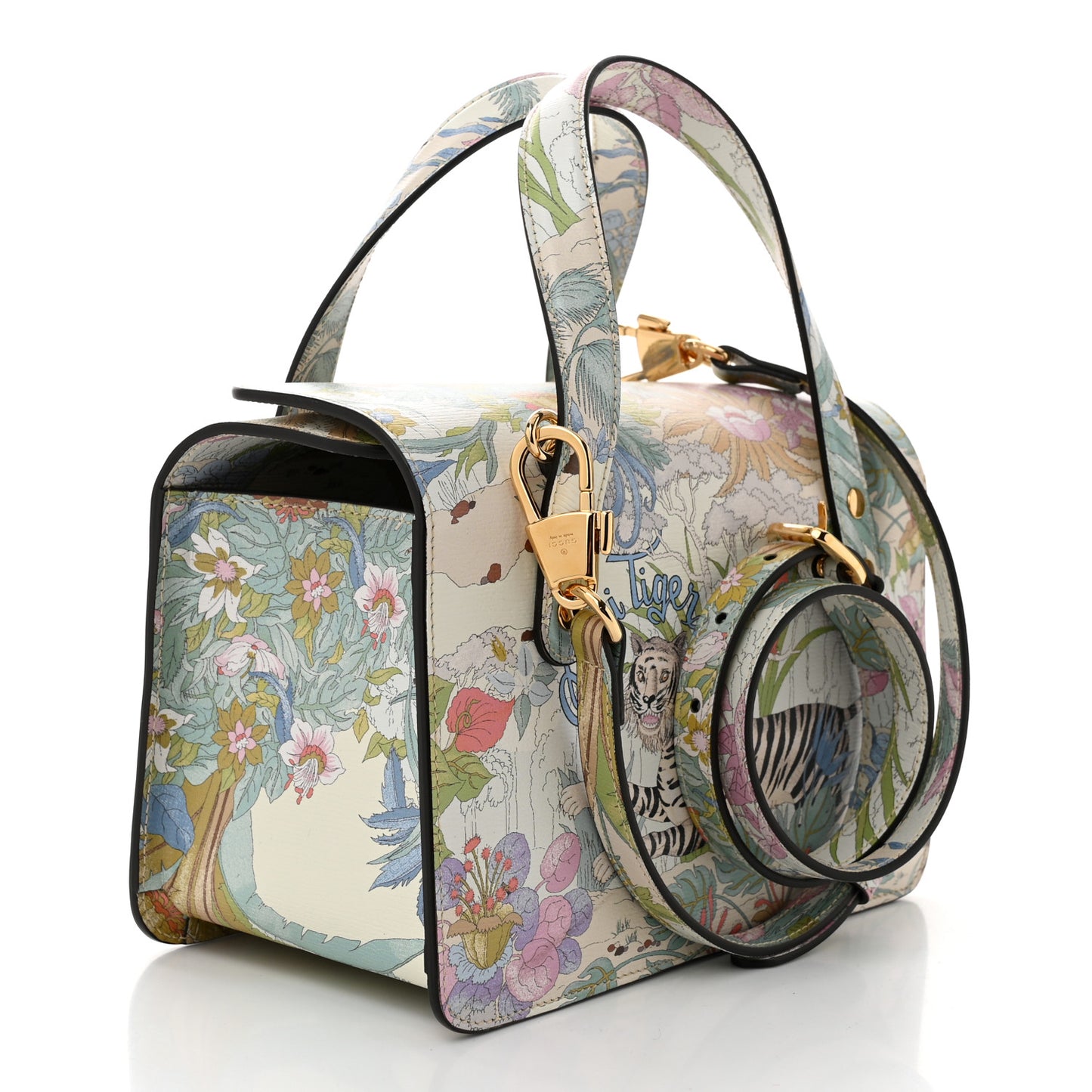 New Shangai Calfskin Tiger Savanah Mini Horsebit 1955 Foldover Top Handle Bag Chalky White Multicolor