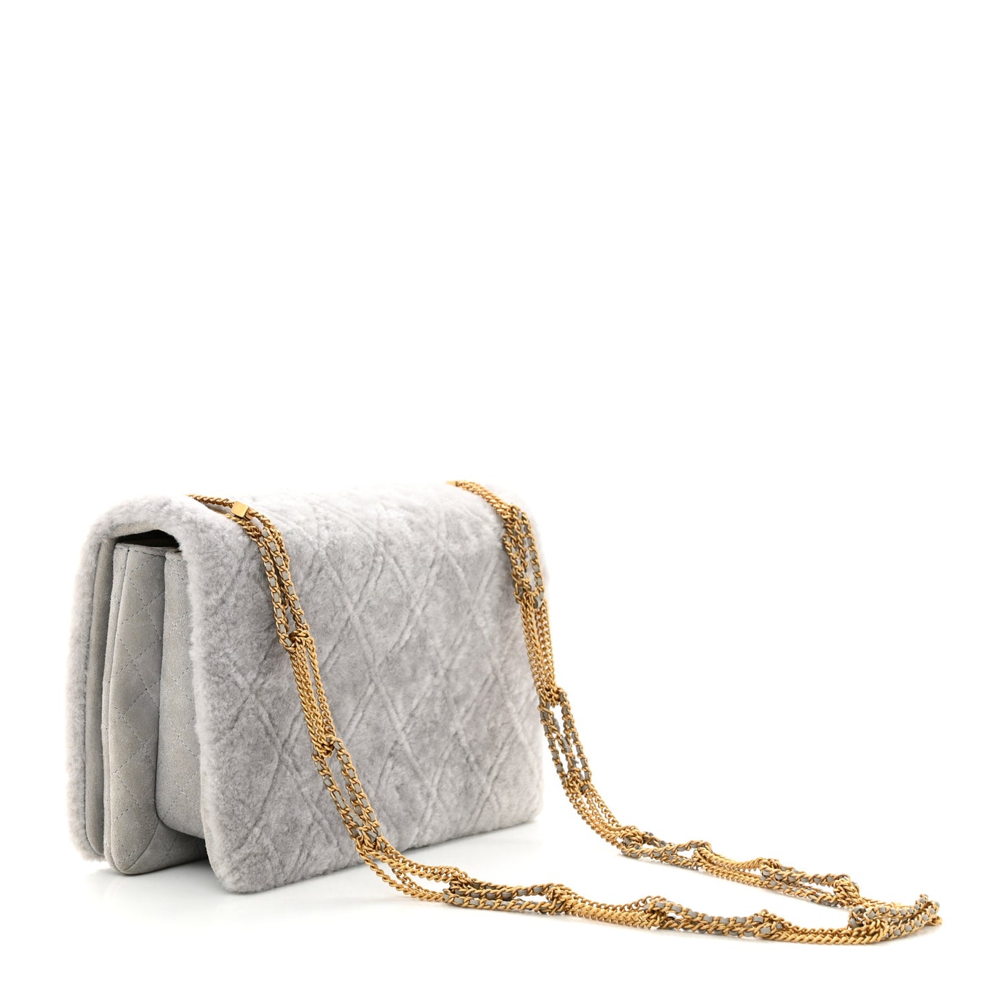 Shearling Lambskin Quilted On And On Medium Chain Flap Grey