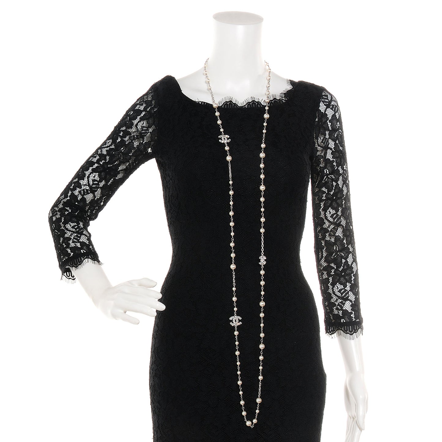 Crystal Pearl CC Long Necklace Silver