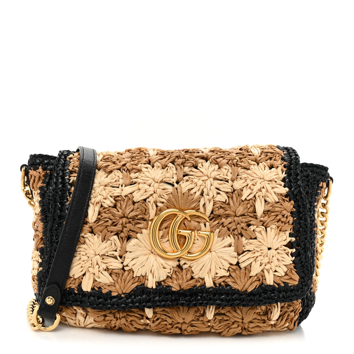 Gucci Raffia Azalea Calfskin Crochet Flower Small GG Marmont Shoulder Bag Natural Ecru Black 1 of 11