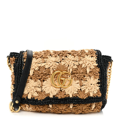 Gucci Raffia Azalea Calfskin Crochet Flower Small GG Marmont Shoulder Bag Natural Ecru Black 1 of 11