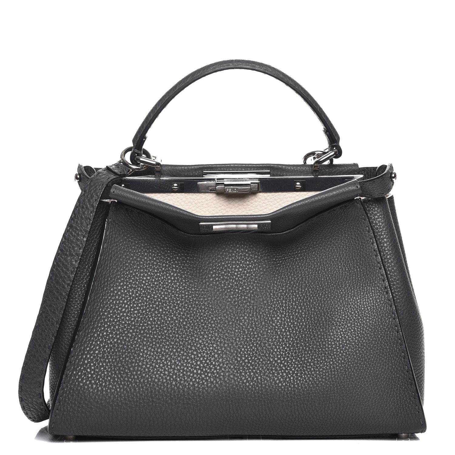 Fendi Cuoio Romano Selleria Bi-Color Large Peekaboo Iconic Satchel Asfalto Latte 1 of 10