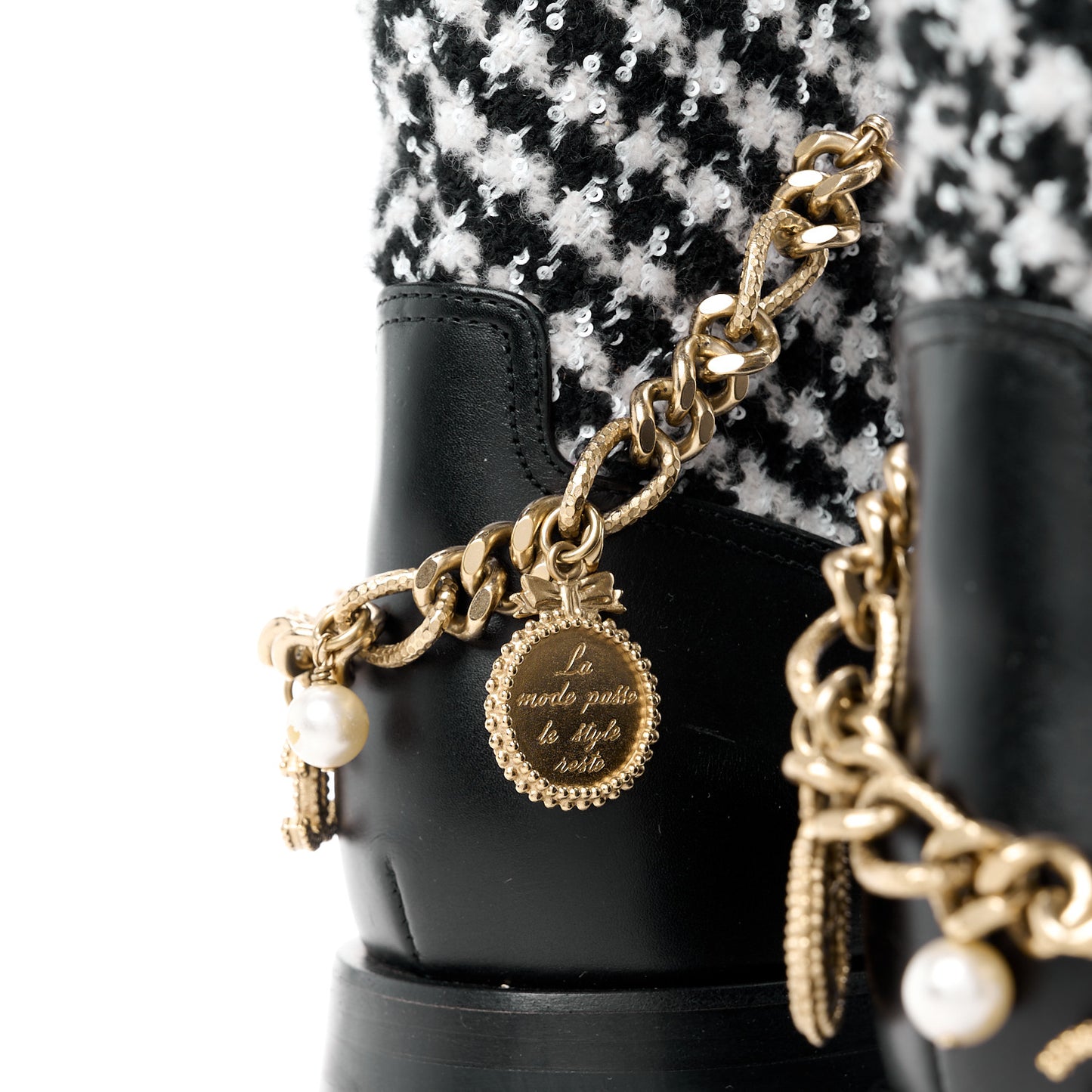 Wool Tweed Calfskin Chain Lace Up Combat Boots 40 Black White