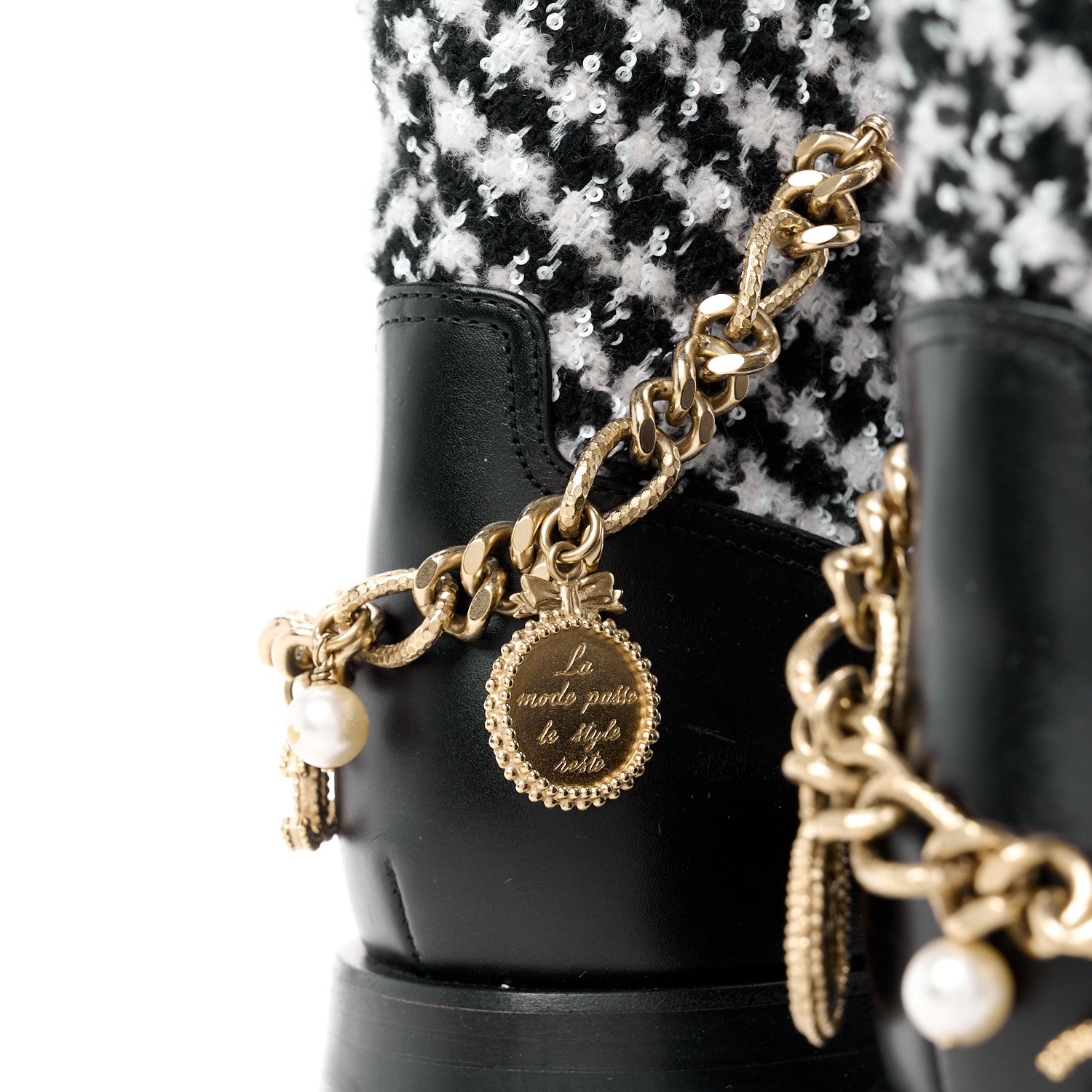 Chanel Wool Tweed Calfskin Chain Lace Up Combat Boots 40 Black White 5 of 10