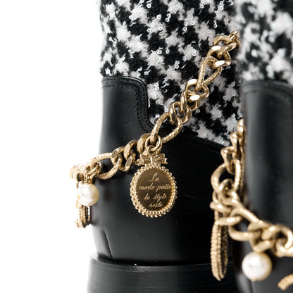 Chanel Wool Tweed Calfskin Chain Lace Up Combat Boots 40 Black White 5 of 10